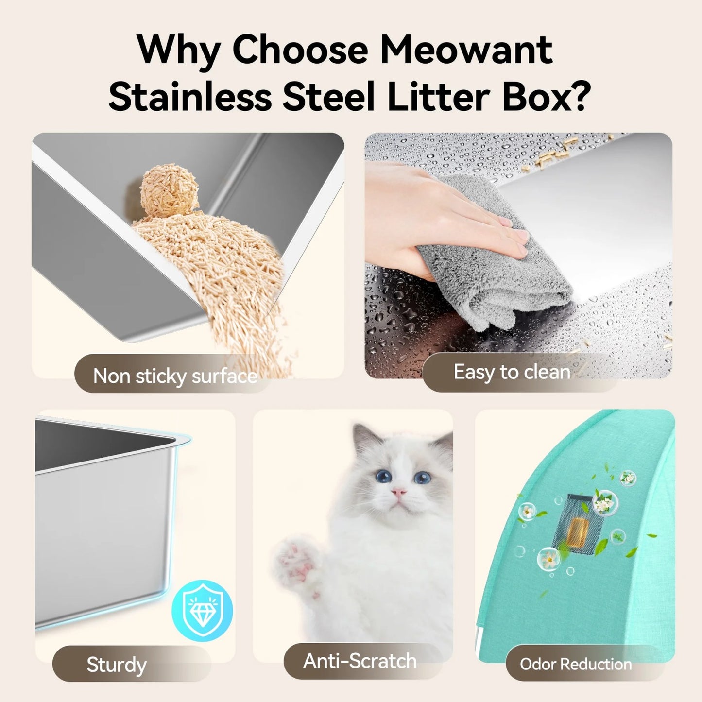LunaLulinlk Stainless Steel Cat Litter Box with High-Sided Oxford Fabric Cover,Extra Large Square,Easy to Clean