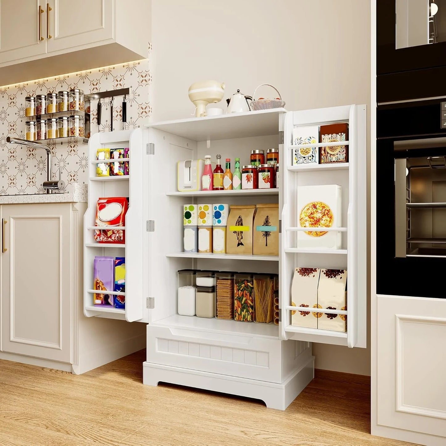 LunaLulinlk Small Kitchen Pantry Storage Cabinets with Doors and Shelves, 41'' Kitchen Pantry with Drawers for Dining Room and Living Room, White