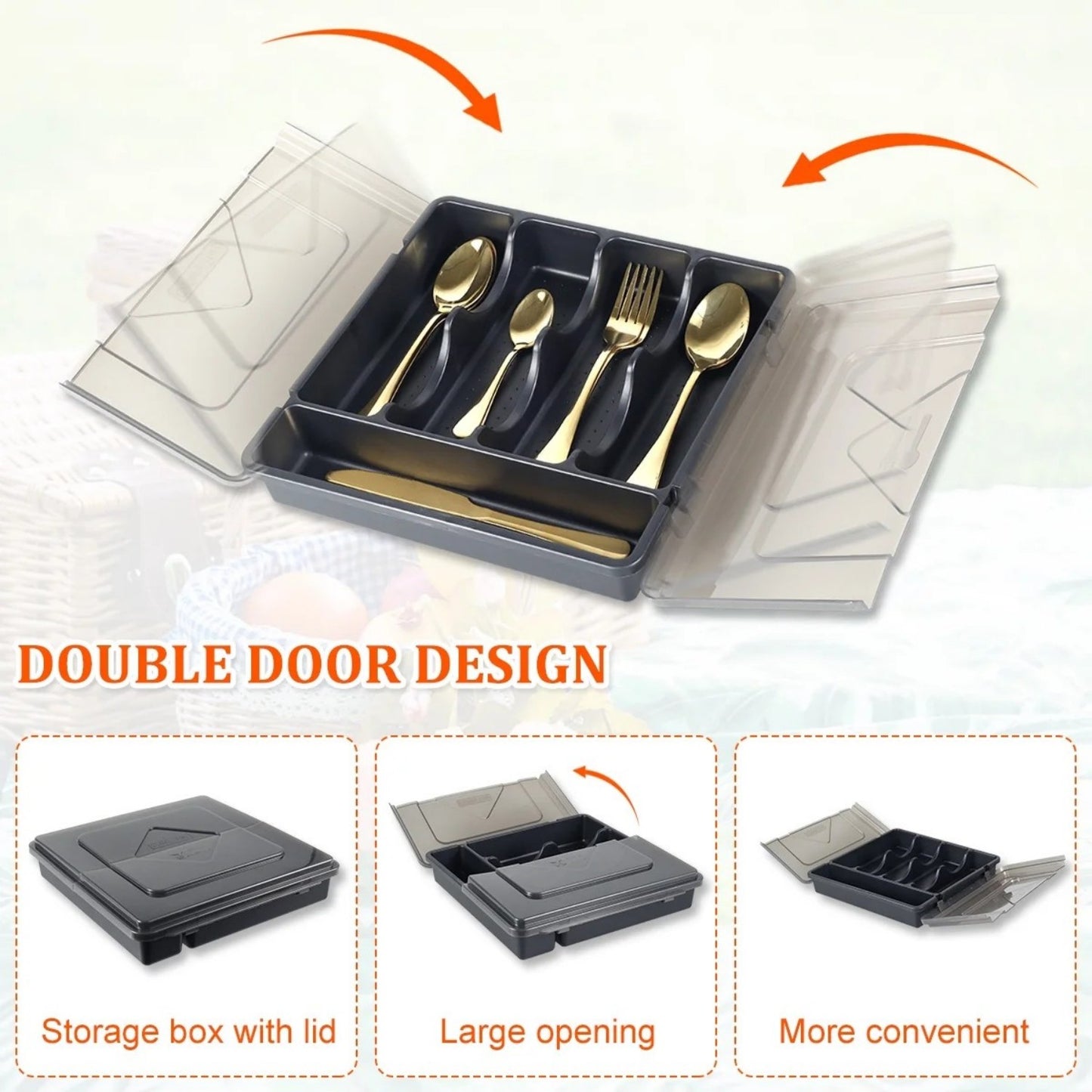 LunaLulinlk Silverware Cutlery Organizer Tray with Transparent Lid, Utensil Cutlery Holder for Kitchen Drawer Countertop, Plastic Flatware Storage Box