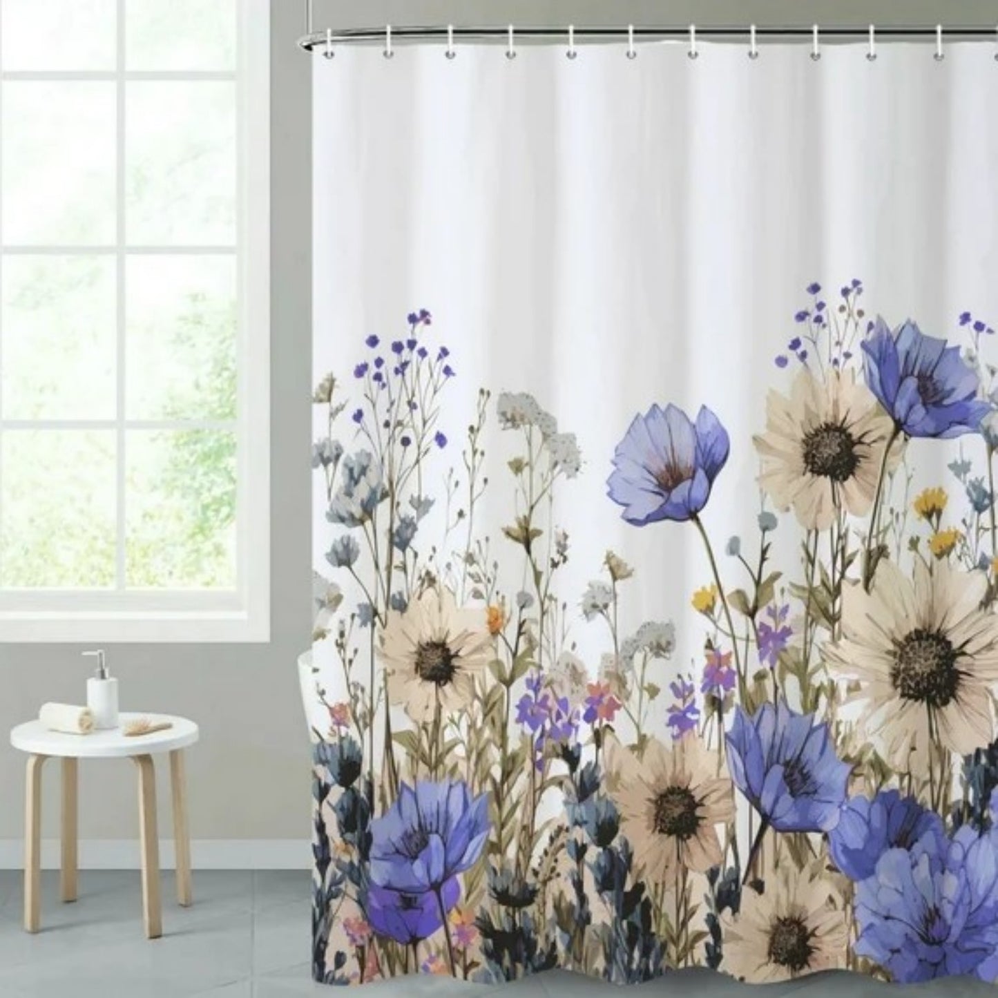 LunaLulinlk Spring Floral Shower Curtain,Purple Flowers Waterproof Polyster Bathroom Curtain