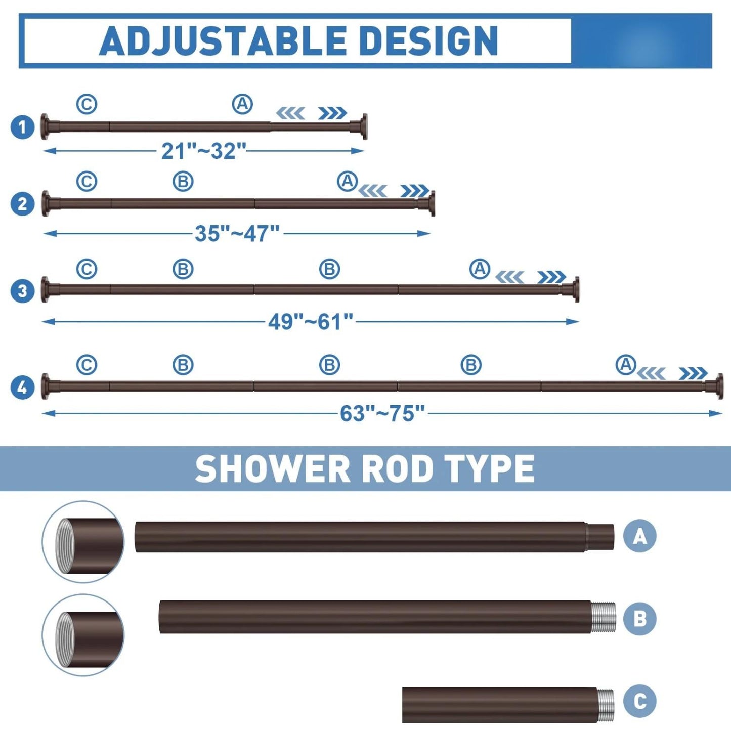 LunaLulinlk Shower Curtain Rod, Adjustable 32-75 Inch Spring Tension Shower Rods for Bathroom or Window