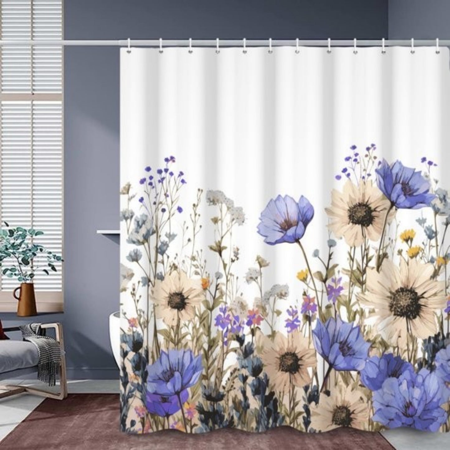 LunaLulinlk Spring Floral Shower Curtain,Purple Flowers Waterproof Polyster Bathroom Curtain