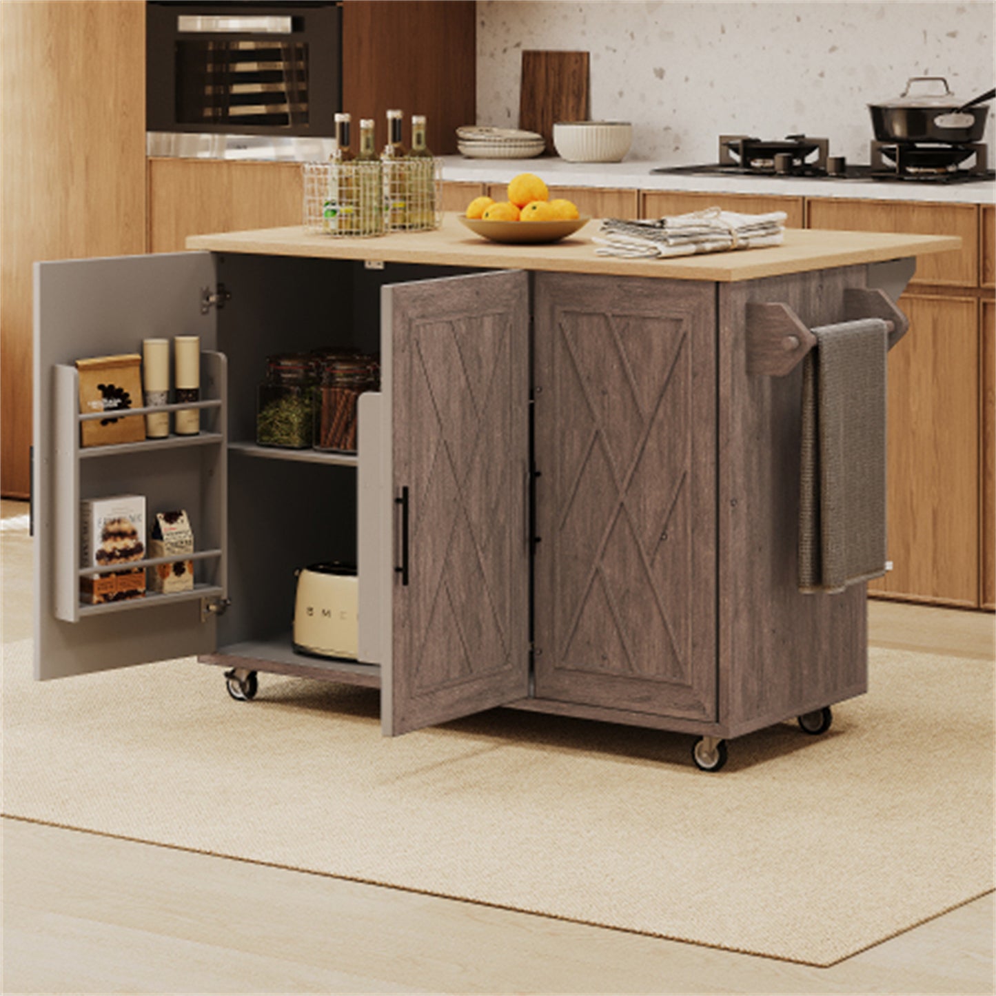 "LunaLulinlk 51.2""W Geometric Twill Stripe Textured Design Kitchen Island with Drop Leaf, Farmhouse Kitchen Island, Brown "