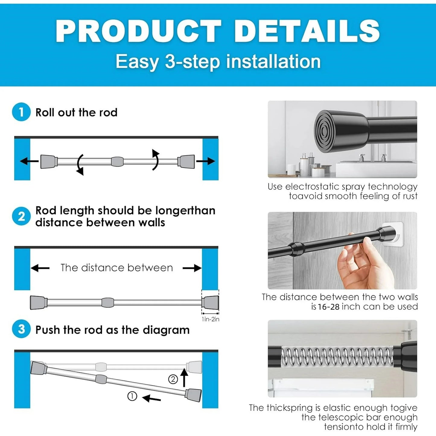 LunaLulinlk Spring Tension Rods 16-28 Inches Tension Curtain Rod Adjustable Expandable Heavy Duty Steel Small Short Tension Curtain Rod For Windows,Kitchen