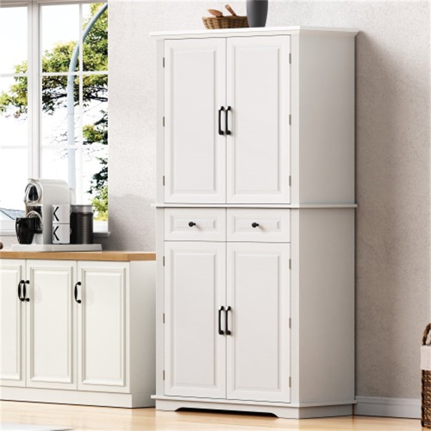 "LunaLulinlk 71"" Tall Kitchen Pantry Cabinet with 3 Pull Out Cabinet Organizers, Farmhouse Embossed Texture Storage Cabinet "