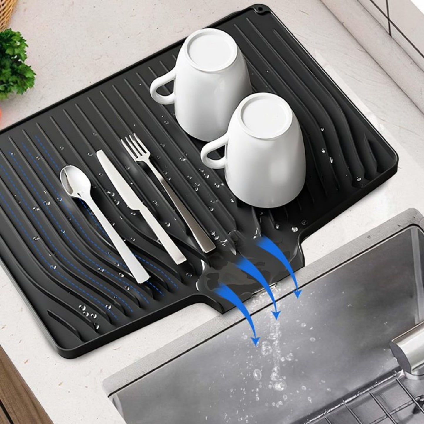 LunaLulinlk Silicone Dish Drying Mat with Drain Lip – Large 18.9"x13.8" Hygienic Counter Tray for Kitchen Sink, Easy to Clean Black