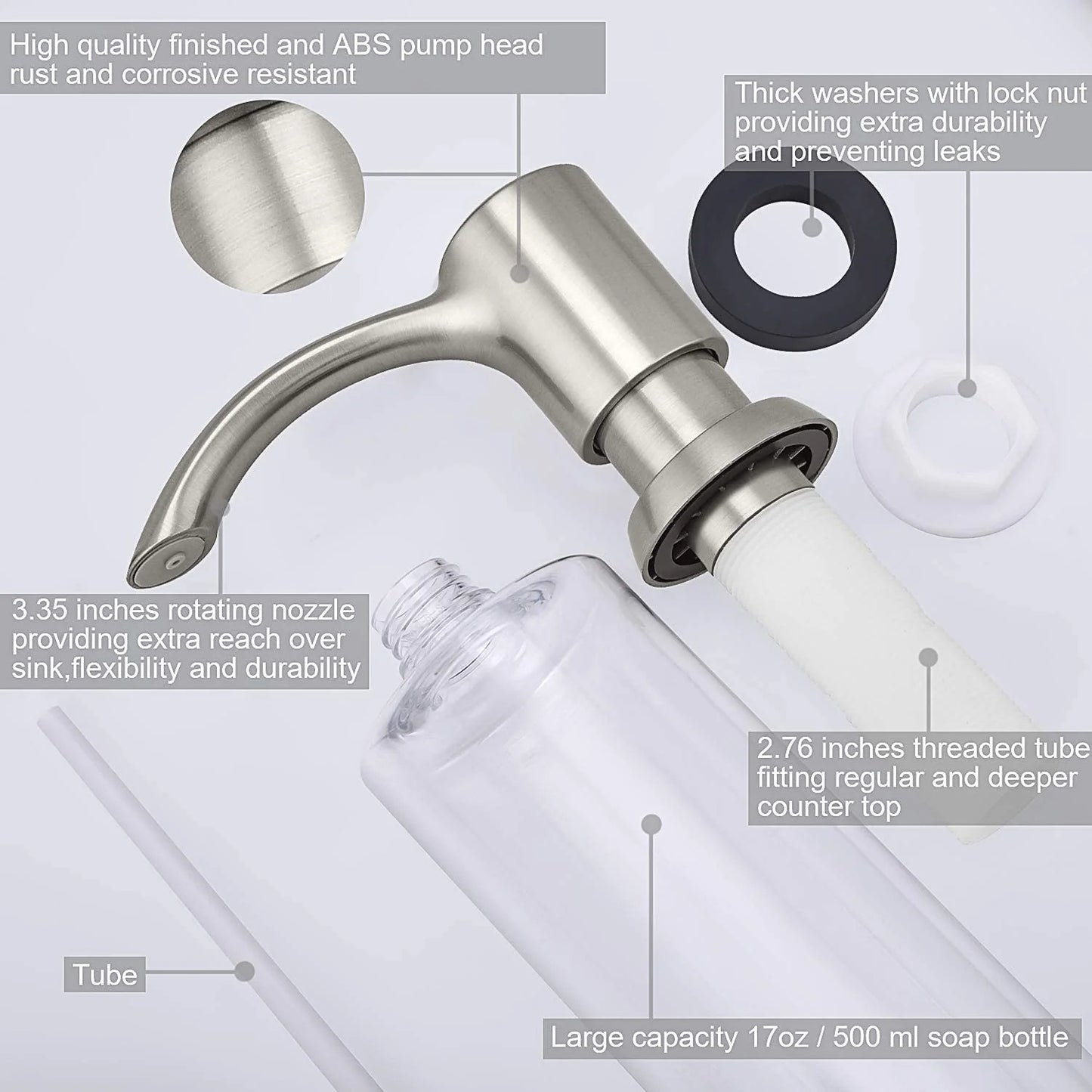 LunaLulinlk Soap Dispenser for Kitchen Sink Countertop Soap Dispenser 17 oz Bottle with Built-in Top Refill (Brushed Nickel)