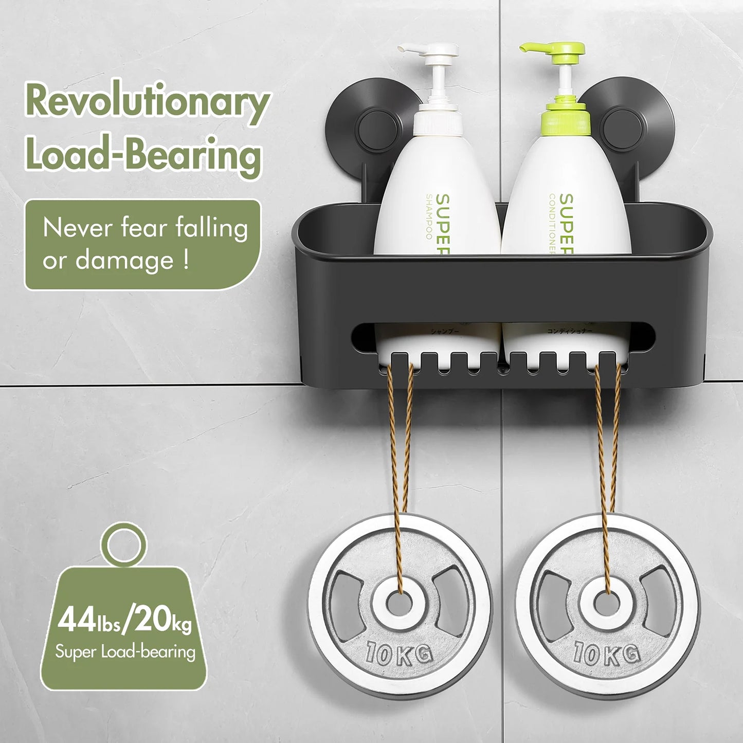 LunaLulinlk Strong Heavy Duty Shower Suction Cup Holder Storage Basket - No Drilling Required with Hook, Dark Grey