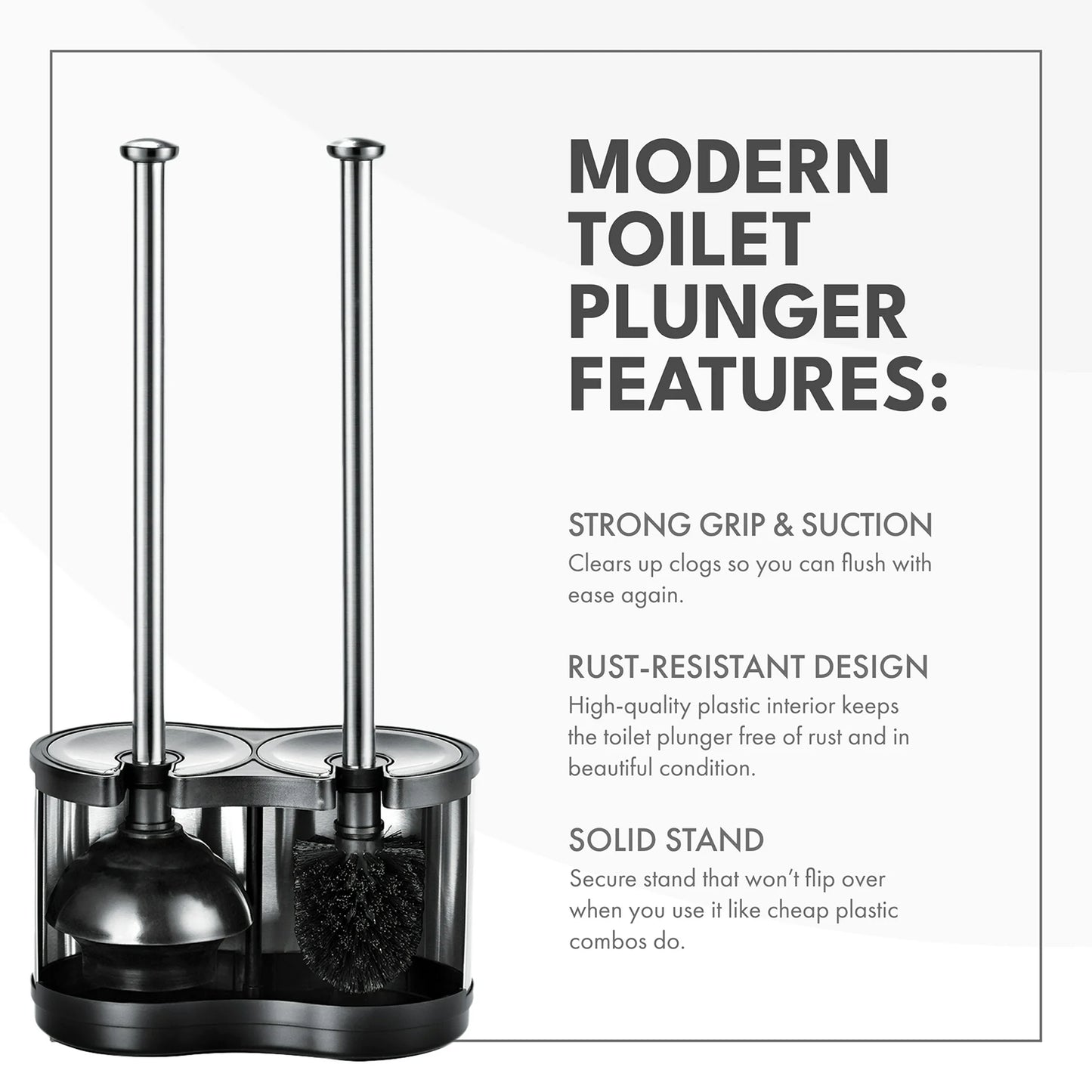 LunaLulinlk Toilet Brush and Plunger Combo Set, Stainless Steel, Black