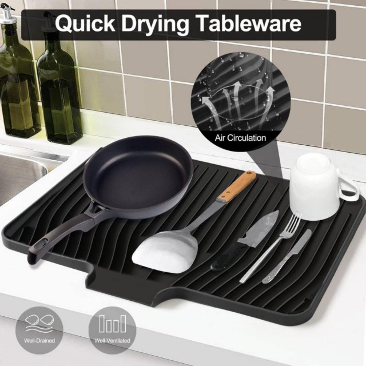 LunaLulinlk Silicone Dish Drying Mat with Drain Lip – Large 18.9"x13.8" Hygienic Counter Tray for Kitchen Sink, Easy to Clean Black