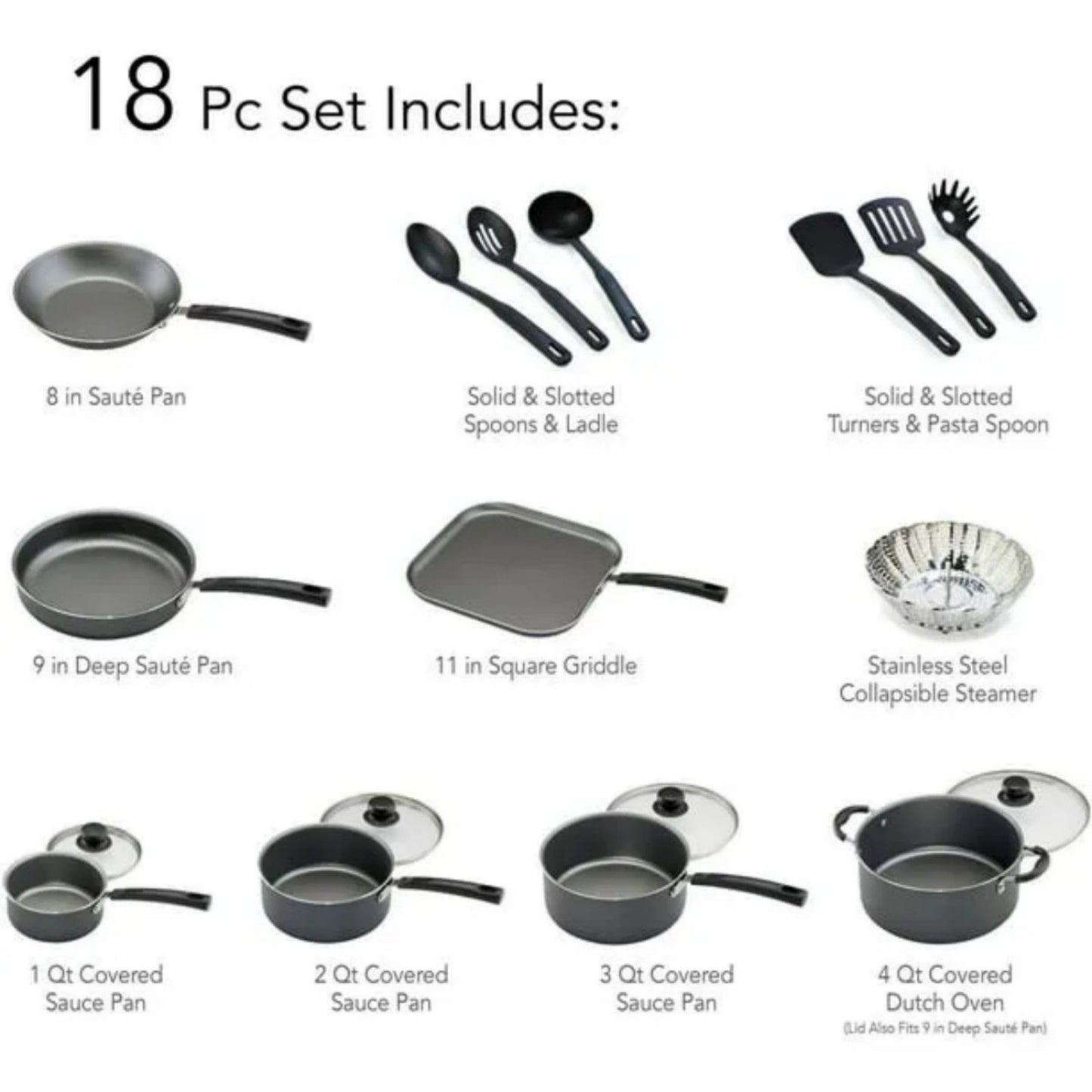LunaLulink 18 Piece Non-stick Cookware Set, Steel Gray
