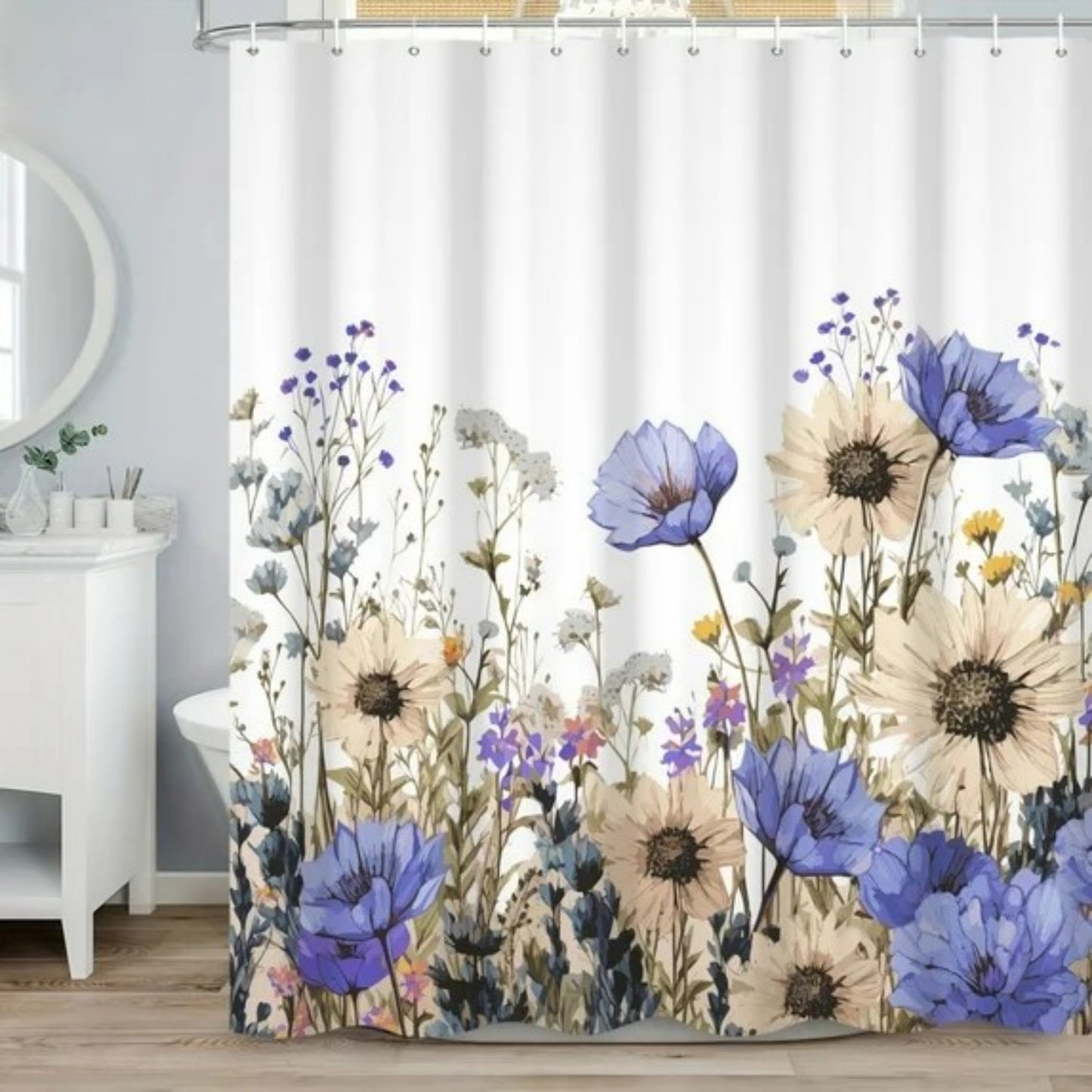 LunaLulinlk Spring Floral Shower Curtain,Purple Flowers Waterproof Polyster Bathroom Curtain