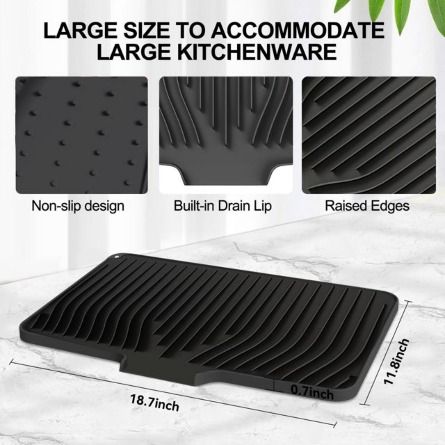 LunaLulinlk Silicone Dish Drying Mat with Drain Lip – Large 18.9"x13.8" Hygienic Counter Tray for Kitchen Sink, Easy to Clean Black