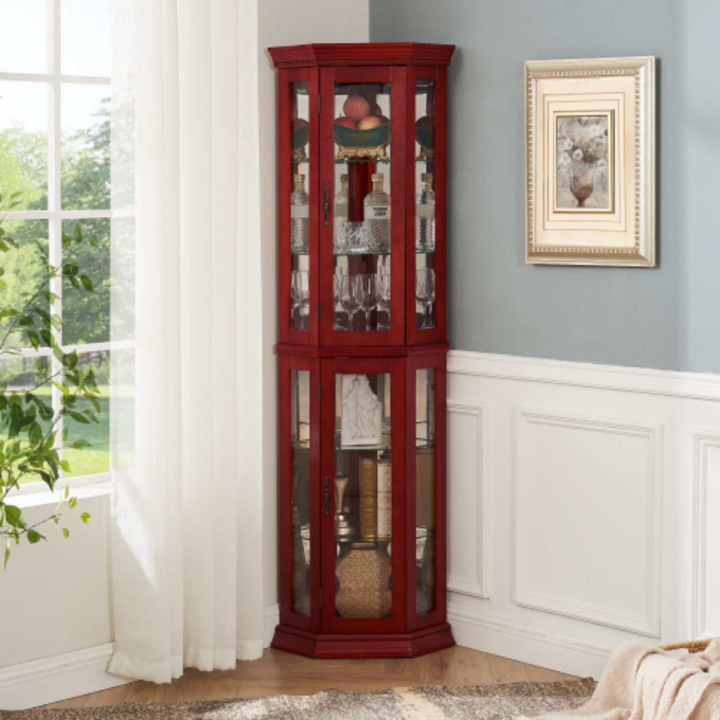 LunaLulinlk Tempered glass lighted corner display cabinet, bar cabinet, with light bulb,red