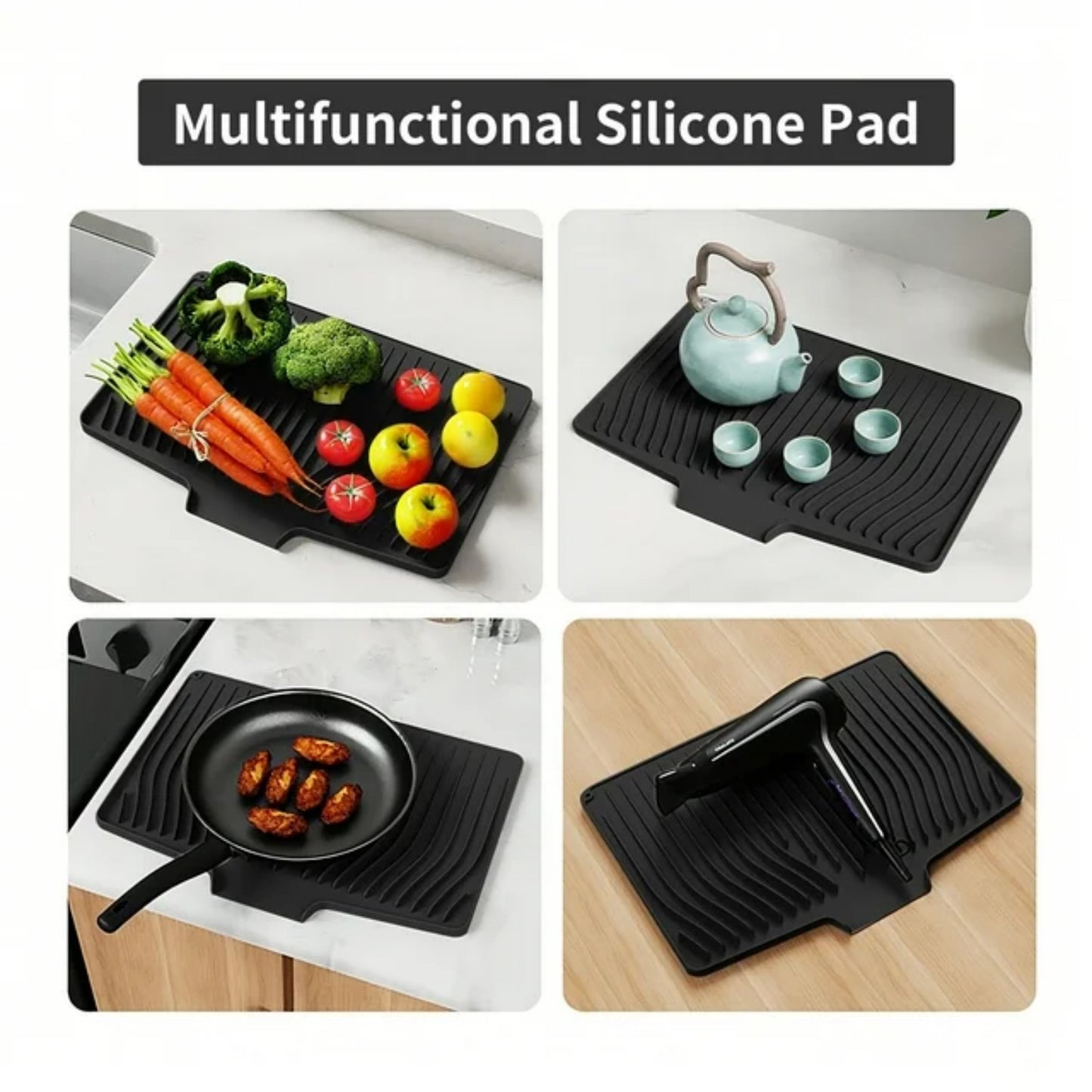 LunaLulinlk Silicone Dish Drying Mat with Drain Lip – Large 18.9"x13.8" Hygienic Counter Tray for Kitchen Sink, Easy to Clean Black