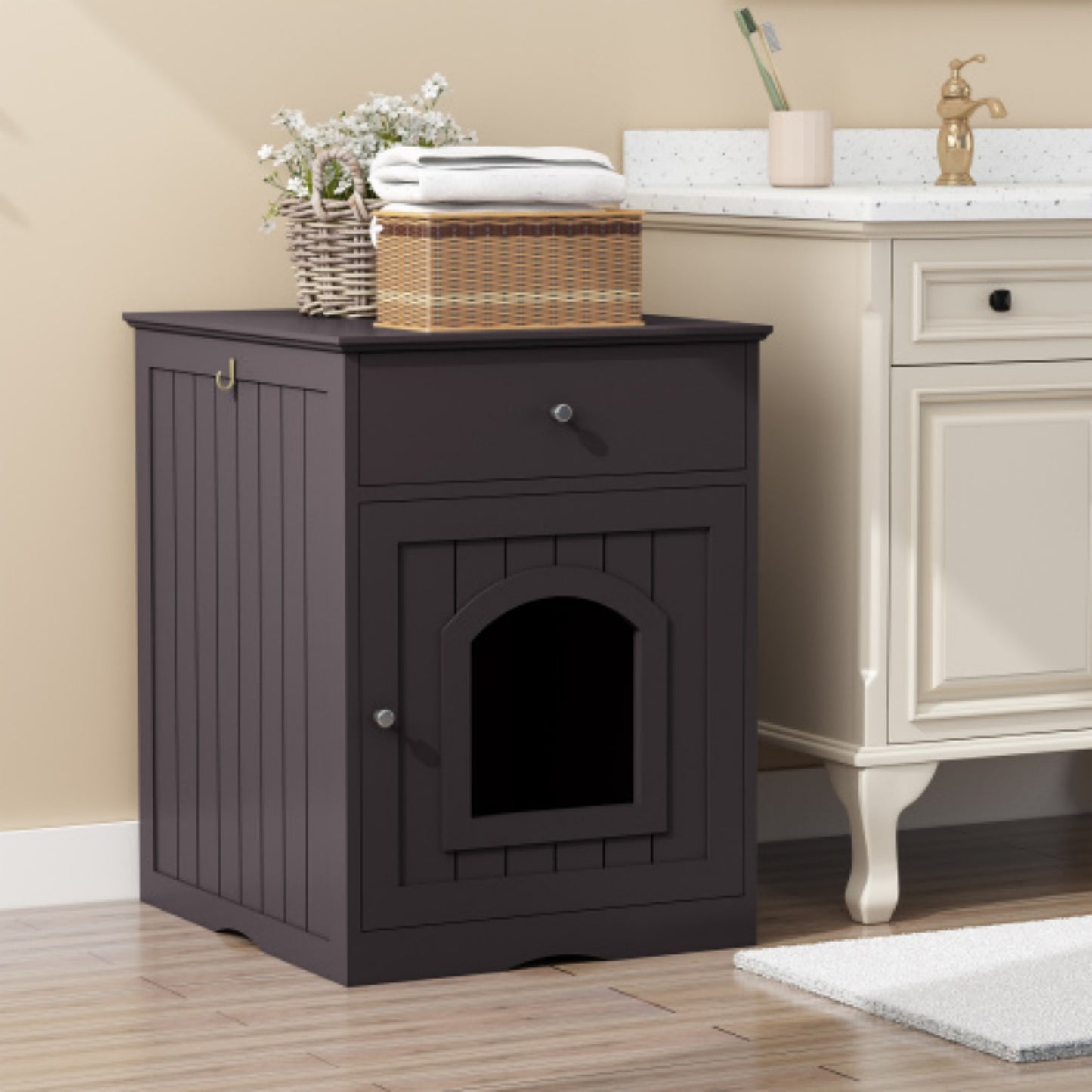 LunaLulinlk Wooden pet house cat litter box fence with drawer and side table