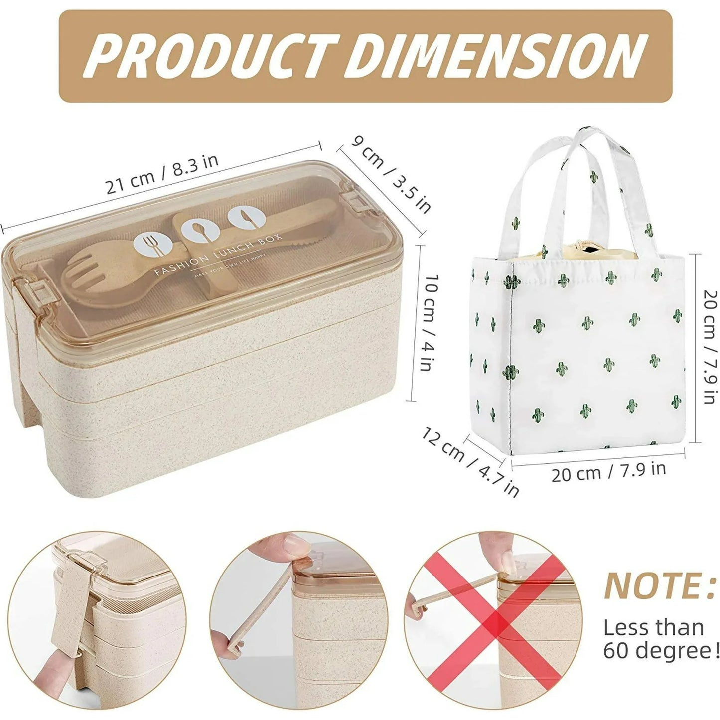 LunaLulinlk Three-layer lunch box bento box with spoon and fork, leak-proof lunch box with bonus lunch bag (beige)