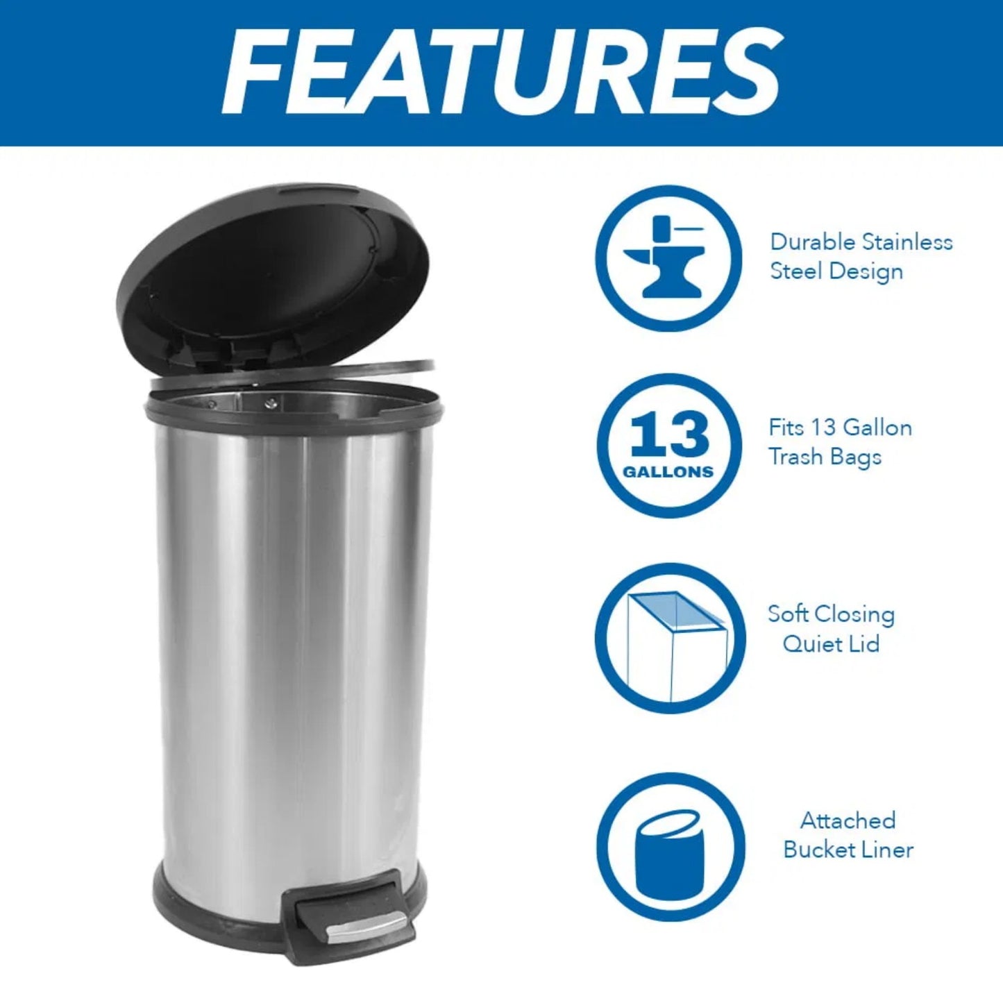 LunaLulinlk Stainless Steel 10.5 Gallon Trash Can Round Step Kitchen Trash Can