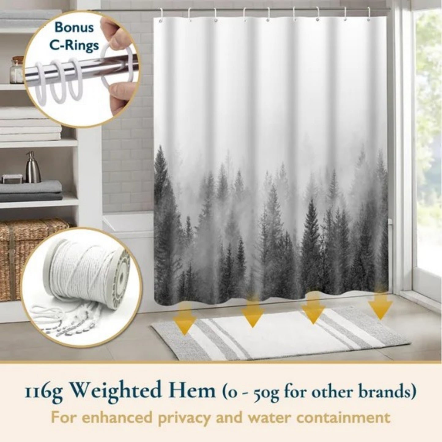 LunaLulinlk Shower Curtain with Hooks – Heavy-Duty Mold/Mildew-Resistant
