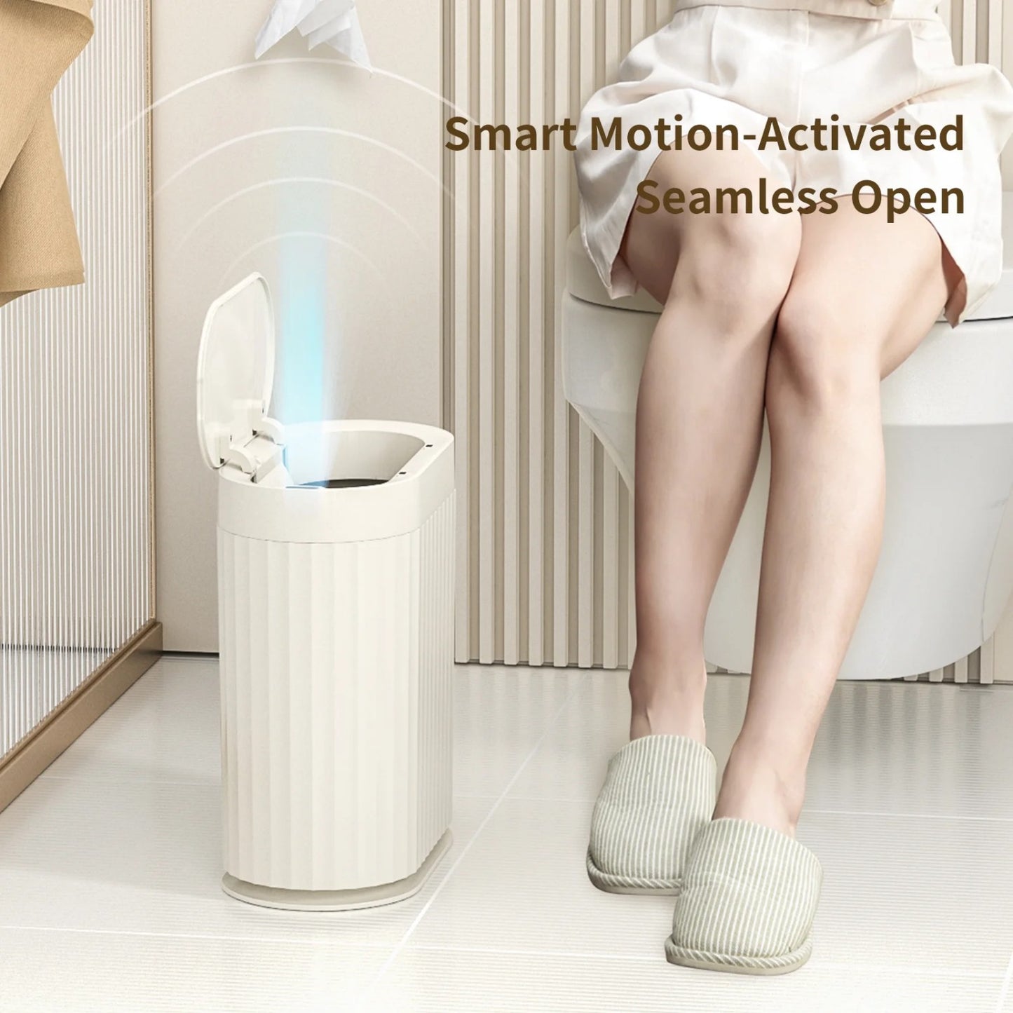 LunaLulinlk Small Trash Can Automatic Touch Less Garbage Bin with Lid, 2 Gallon Plastic Slim Waste Basket Electric Motion Sensor Cream White