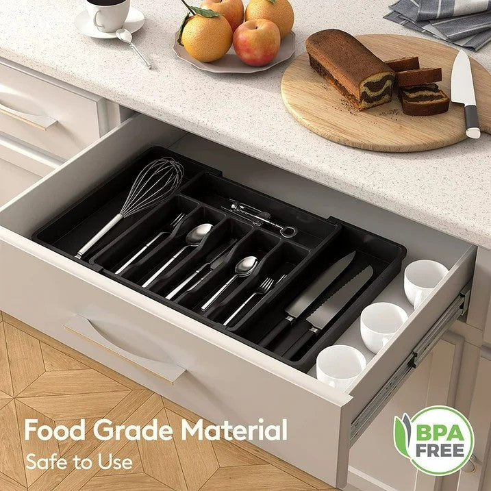 LunaLulinlk Silverware Drawer Organizer Expandable Utensil Tray Adjustable Flatware, Plastic, Black