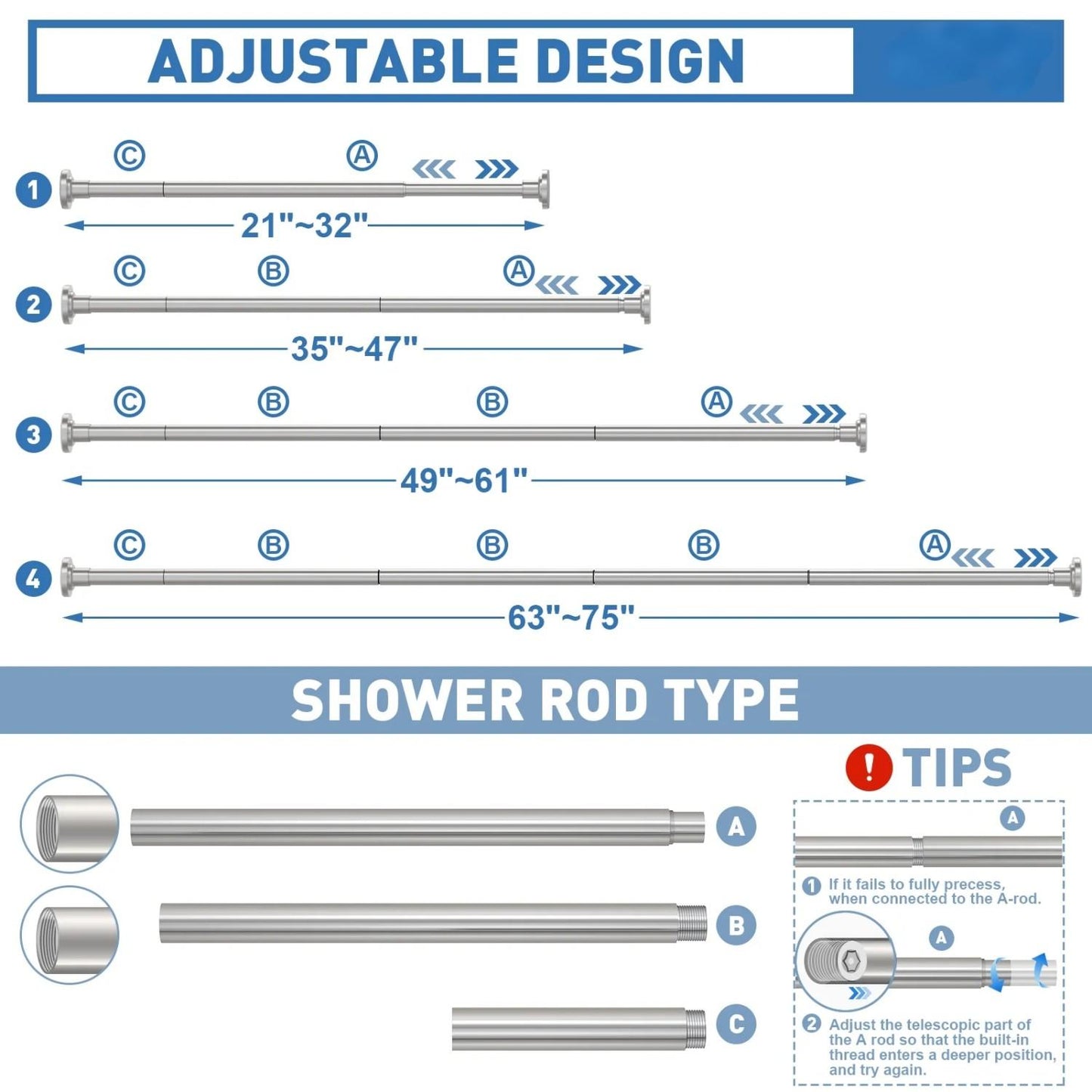 LunaLulinlk Shower Curtain Rod, Adjustable 32-75 Inch Spring Tension Shower Rods for Bathroom or Window