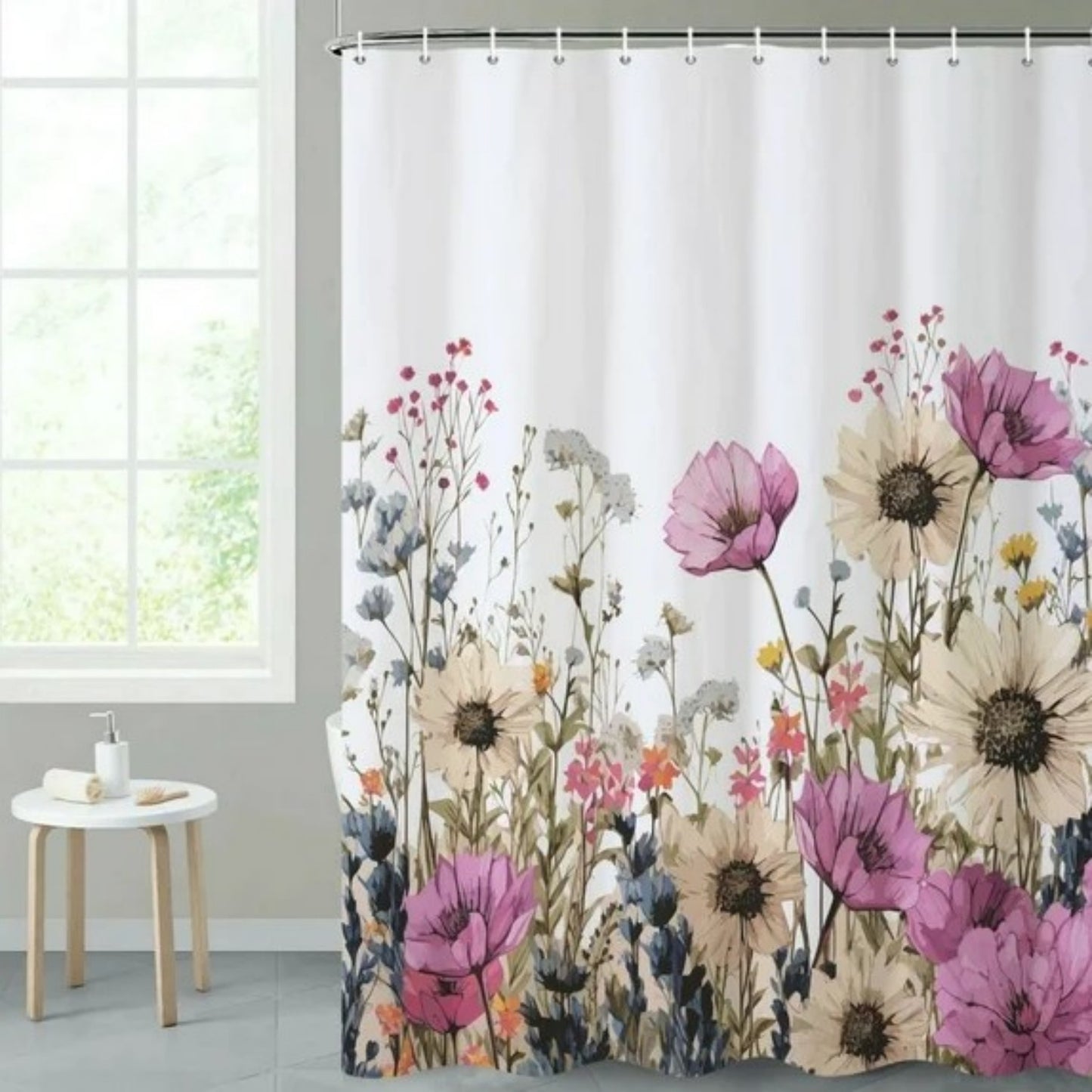 LunaLulinlk Spring Floral Shower Curtain,Pink Flowers Waterproof Polyster Bathroom Curtain