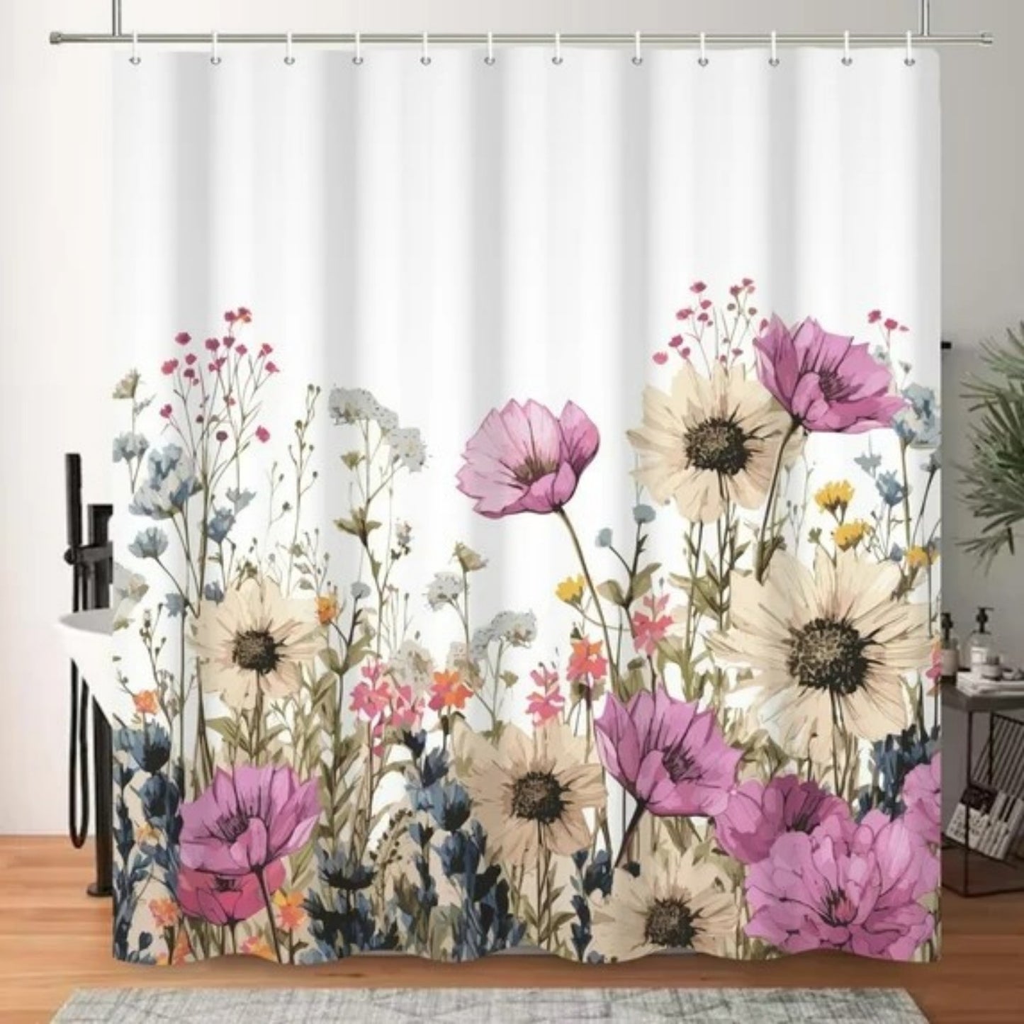 LunaLulinlk Spring Floral Shower Curtain,Pink Flowers Waterproof Polyster Bathroom Curtain