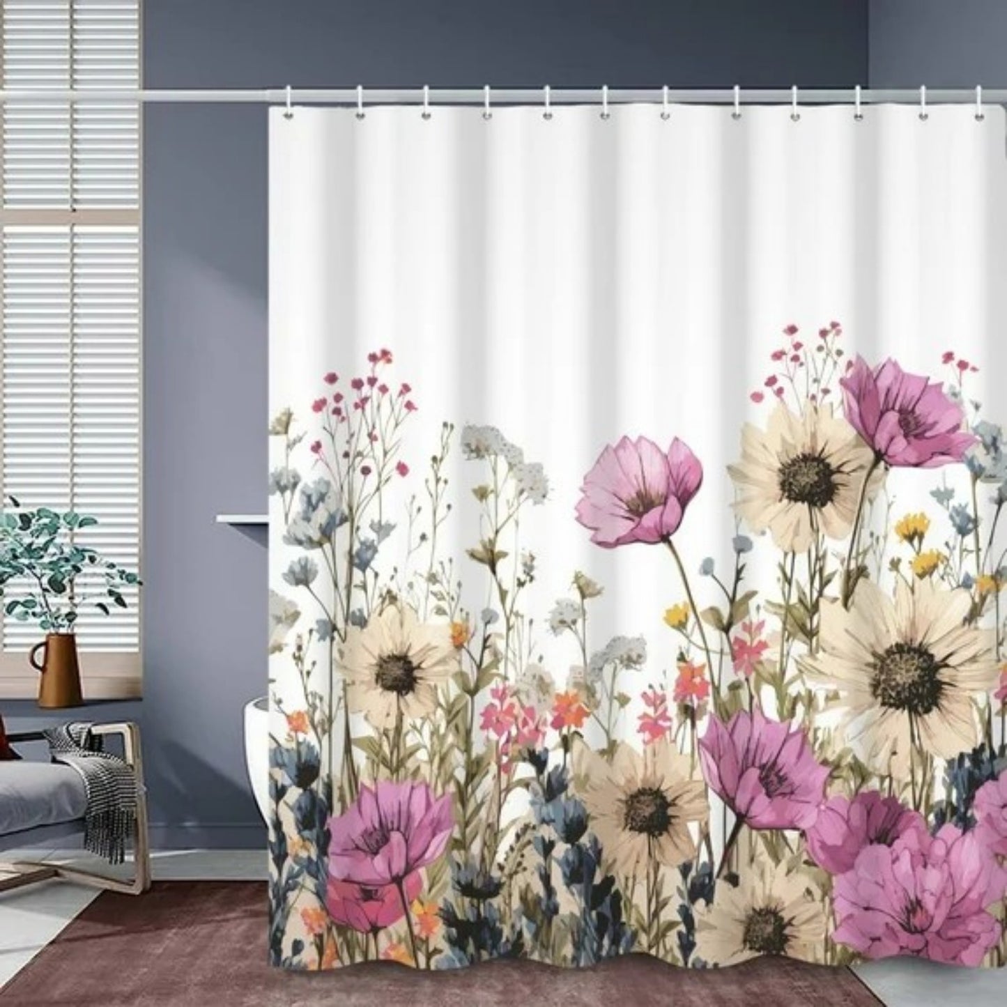 LunaLulinlk Spring Floral Shower Curtain,Pink Flowers Waterproof Polyster Bathroom Curtain