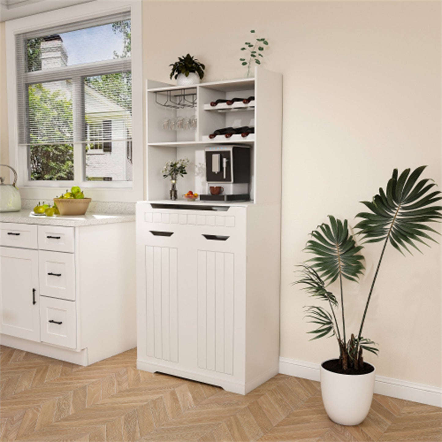 LunaLulinlk White Buffet Cabinet with Hutch - Modern Farmhouse Kitchen Storage Sideboard, Coffee Bar Station or Liquor
