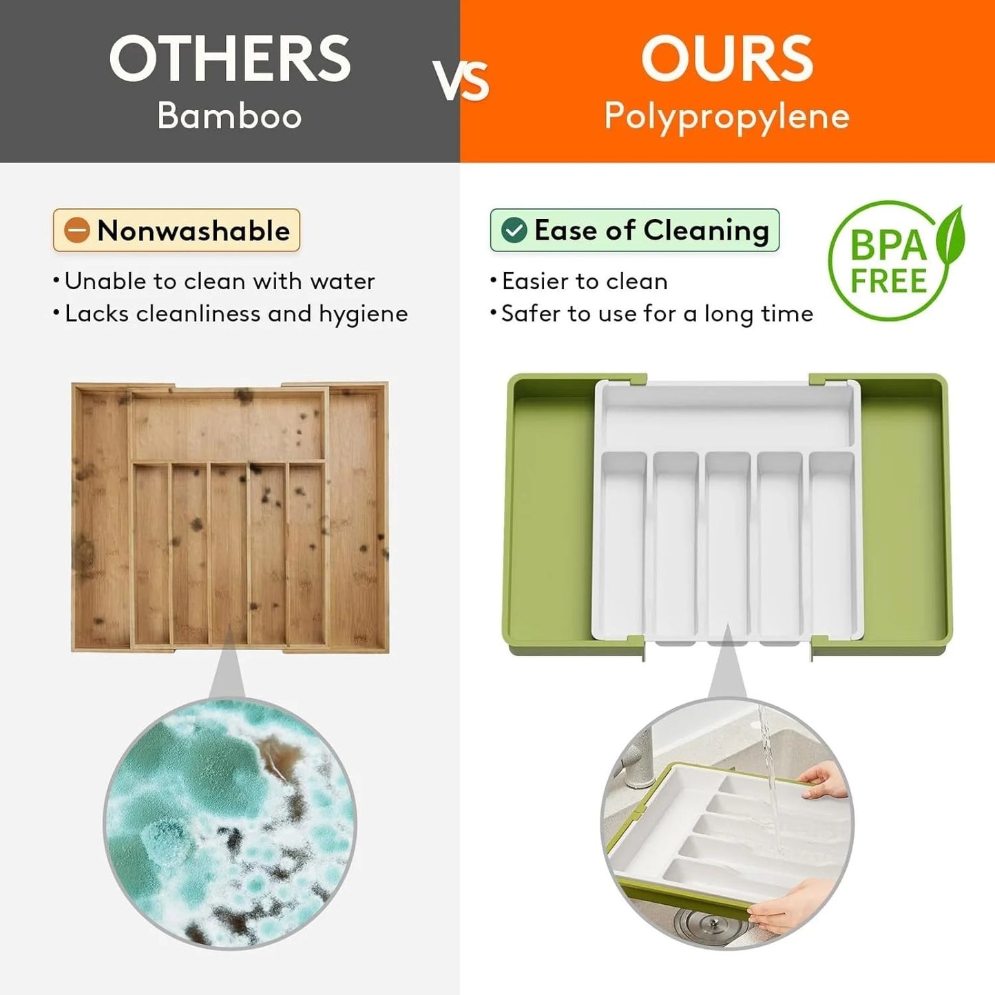 LunaLulinlk Silverware Drawer Organizer Expandable Utensil Tray Adjustable Flatware, Plastic, Green&White