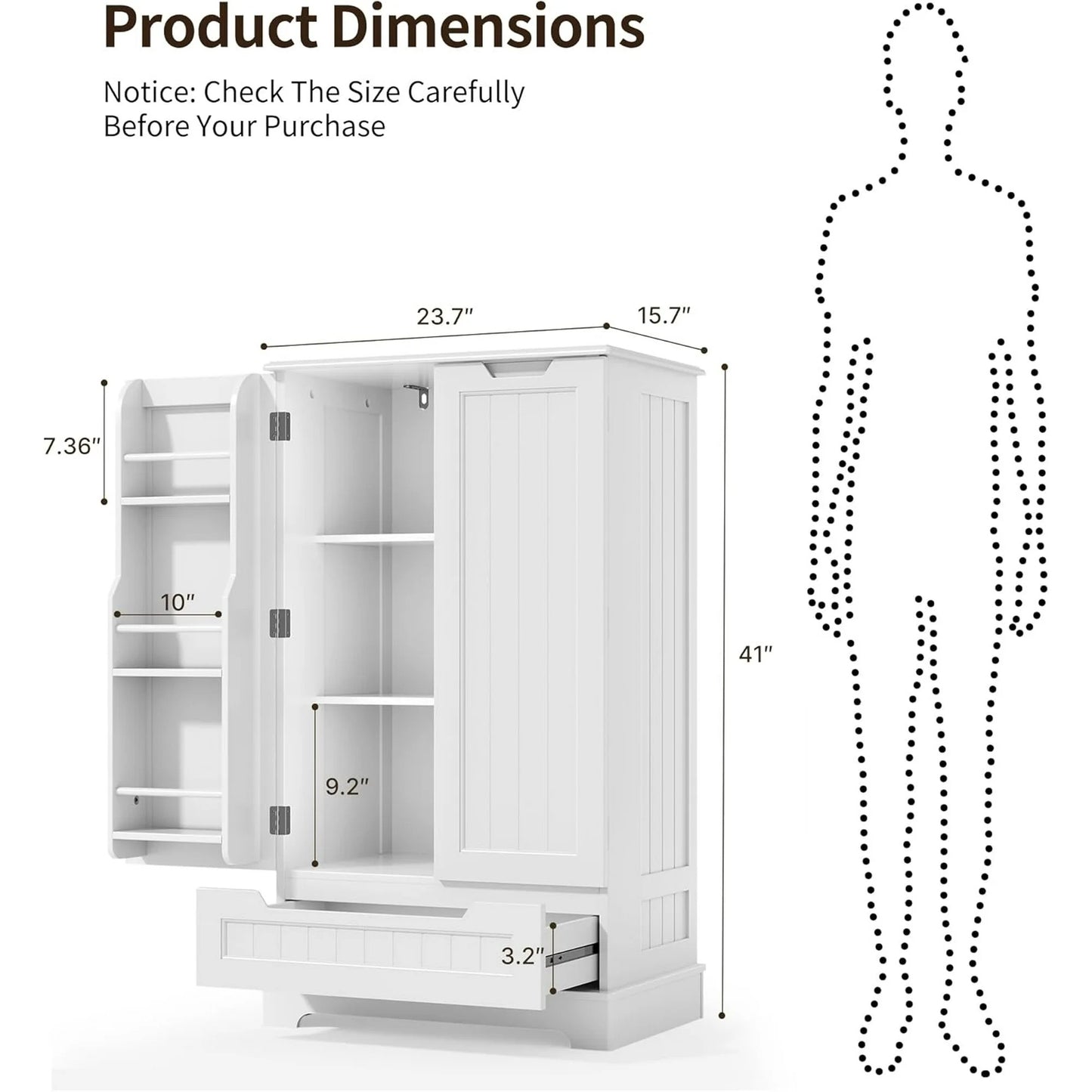 LunaLulinlk Small Kitchen Pantry Storage Cabinets with Doors and Shelves, 41'' Kitchen Pantry with Drawers for Dining Room and Living Room, White
