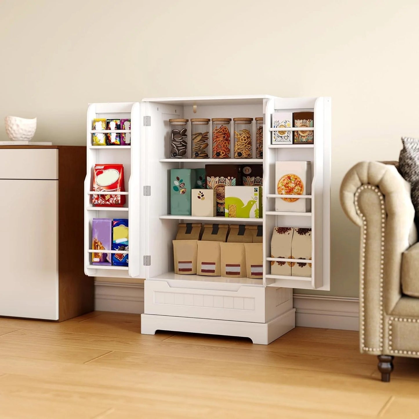 LunaLulinlk Small Kitchen Pantry Storage Cabinets with Doors and Shelves, 41'' Kitchen Pantry with Drawers for Dining Room and Living Room, White