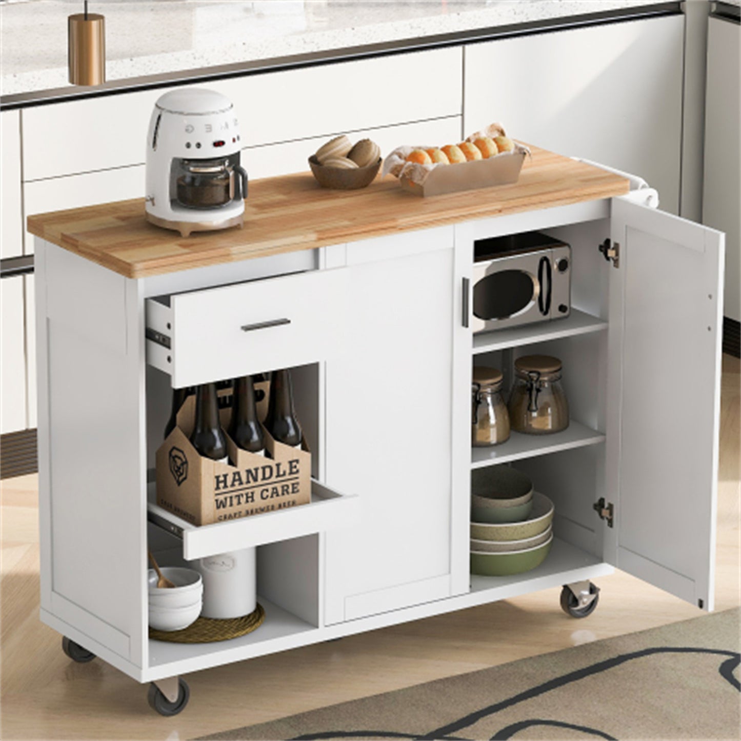"LunaLulinlk Kitchen Island with Foldable Counter Top, Kitchen Storage Cart with Slide-Out Shelf, Towel Rack and Drawer "