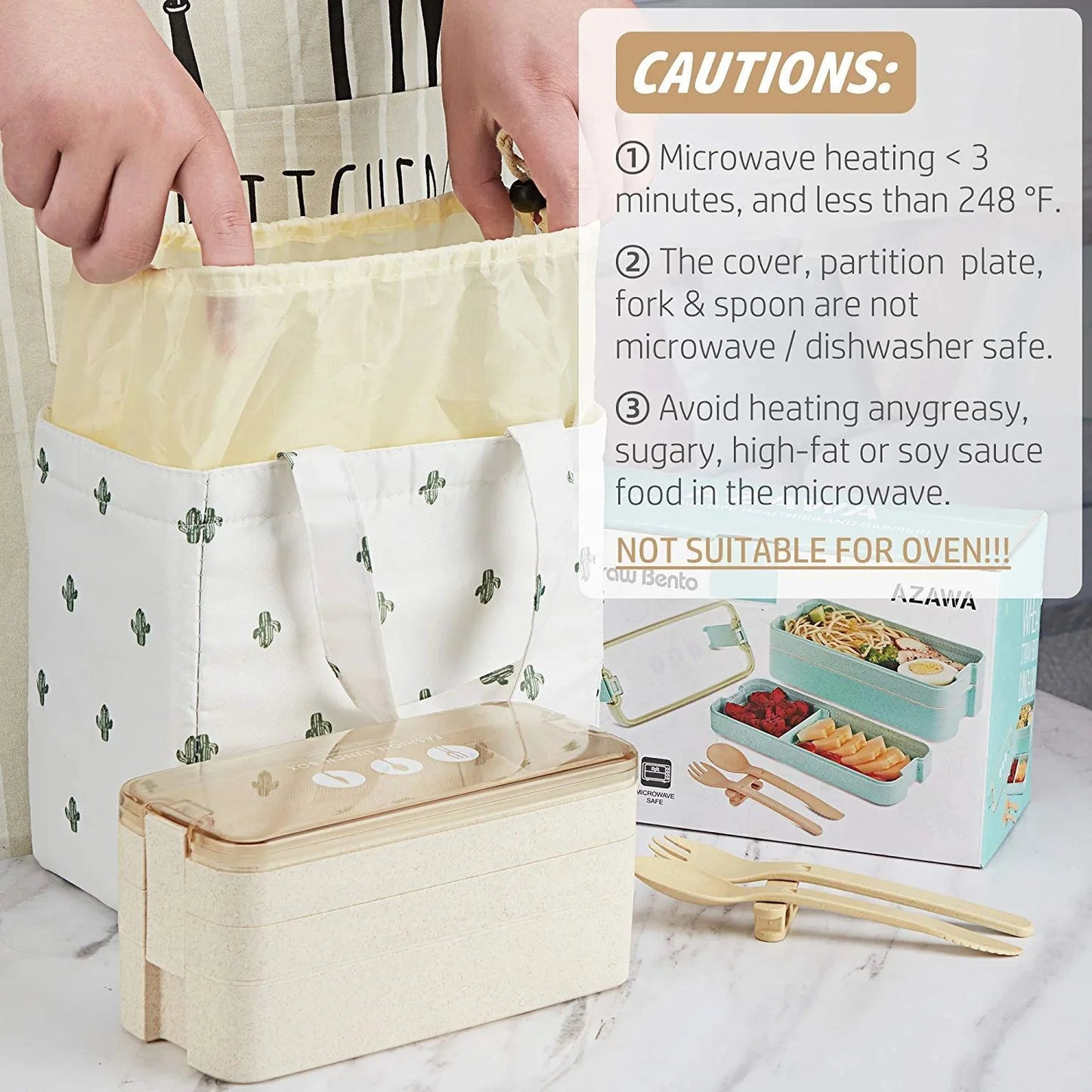 LunaLulinlk Three-layer lunch box bento box with spoon and fork, leak-proof lunch box with bonus lunch bag (beige)