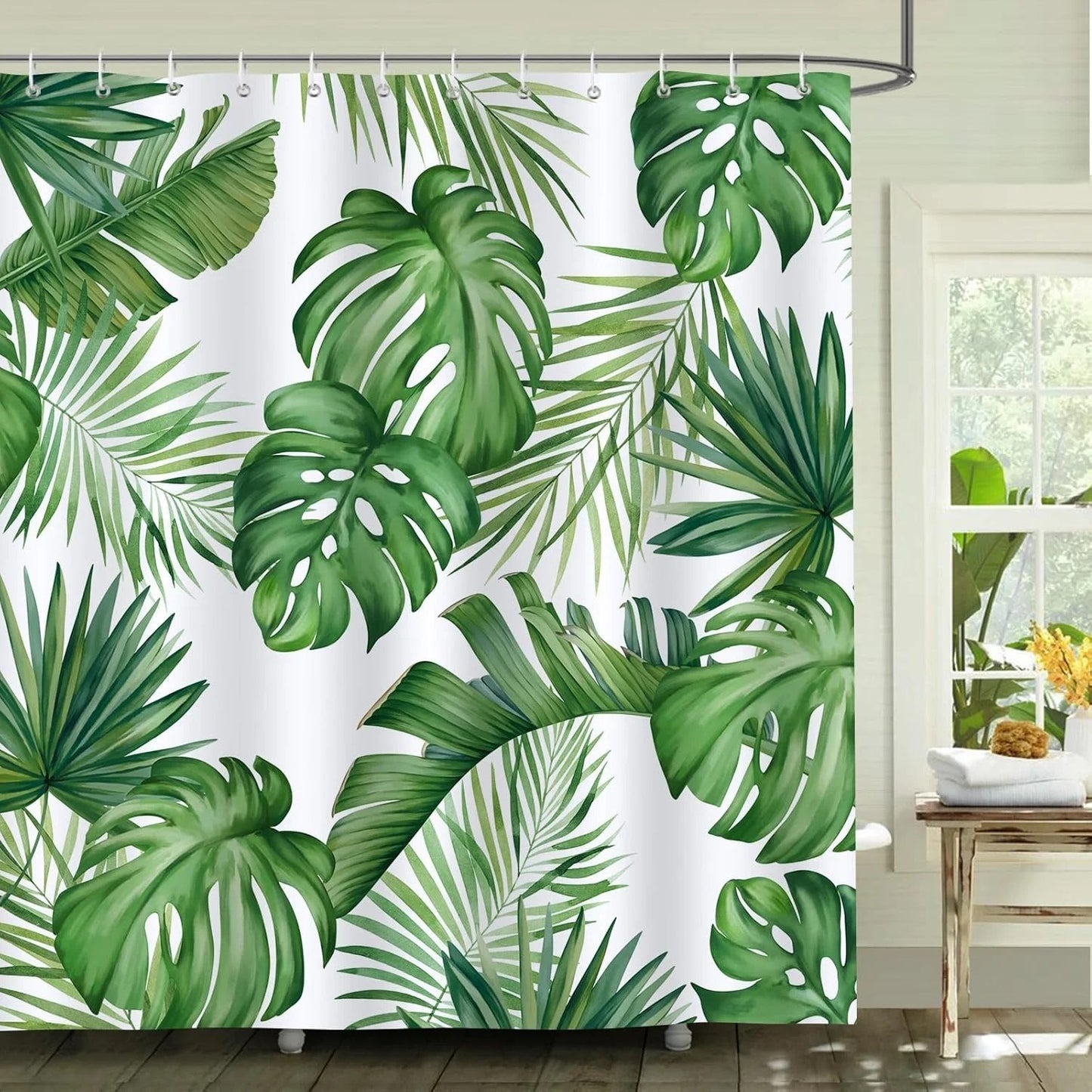LunaLulinlk Tropical Leaves Shower Curtain Green Palm Monstera Leaf Decorative Bath Curtain 72 x 72 Inch