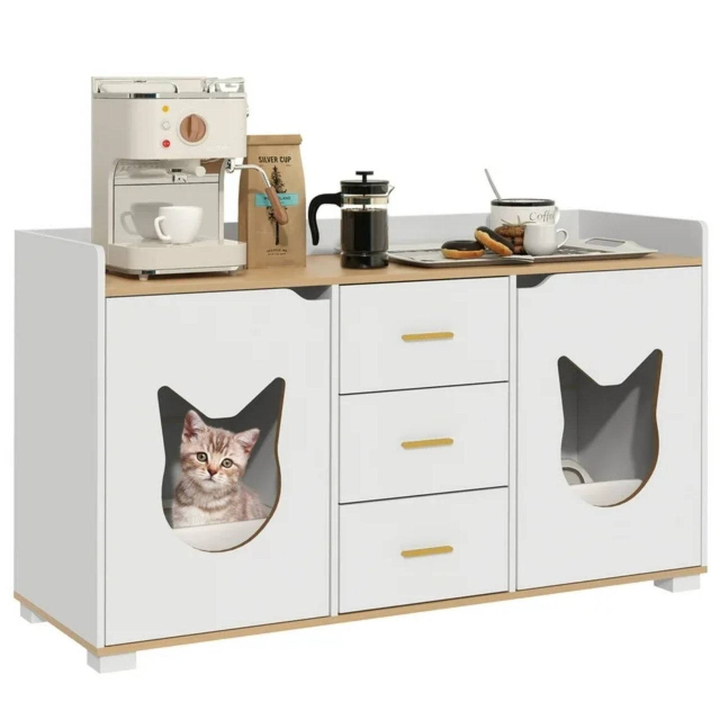 LunaLulinlk White cat litter box furniture with 2 compartments, wooden cat litter box cabinet with drawers