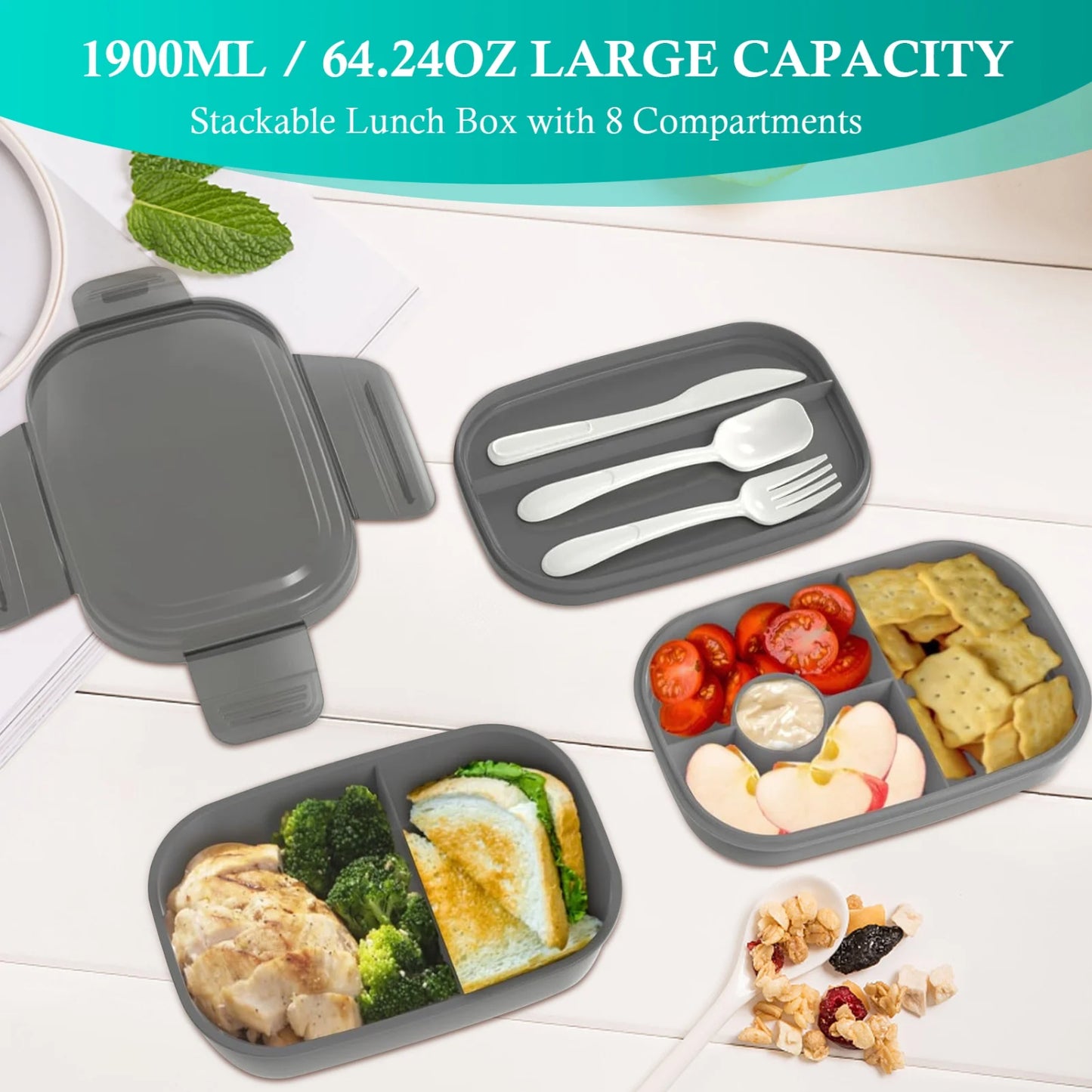 LunaLulinlk Three-Tier Bento Box with Bag - All-in-One Stackable Lunch Box, Leak-Proof Lunch Box Strap, 1900ml, Built-in Cutlery Set, Lunch Bag