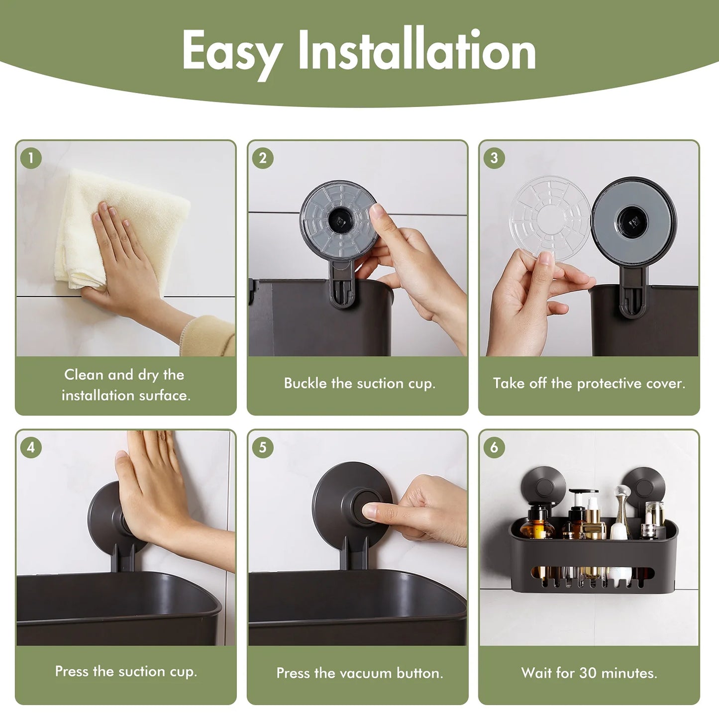 LunaLulinlk Strong Heavy Duty Shower Suction Cup Holder Storage Basket - No Drilling Required with Hook, Dark Grey