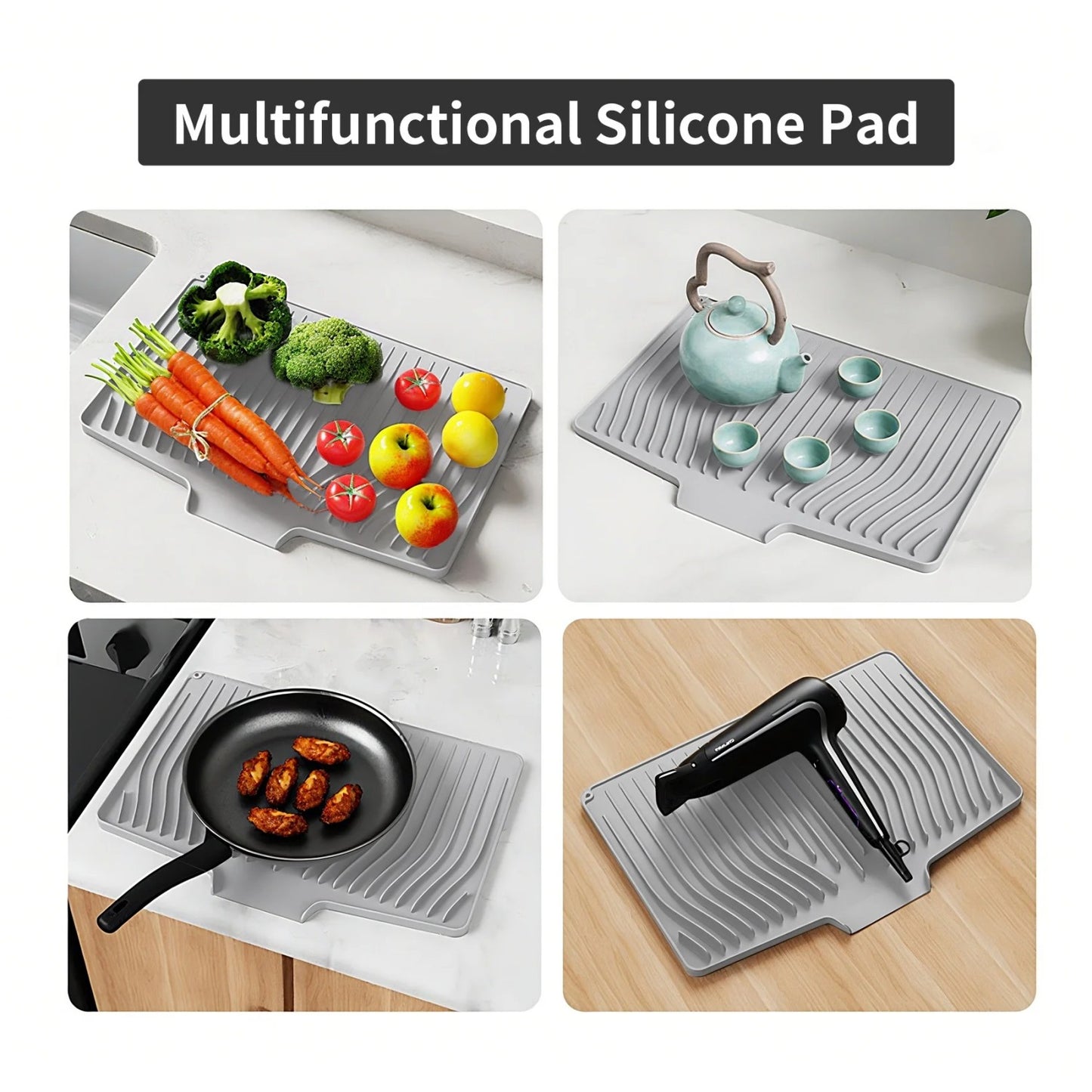 LunaLulinlk Silicone Dish Drying Mat with Drain Lip – Large 18.9"x13.8" Hygienic Counter Tray for Kitchen Sink, Easy to Clean Gray