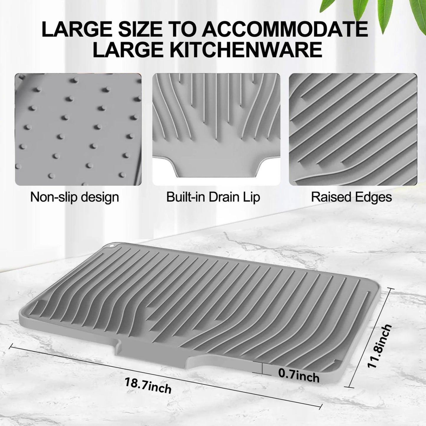 LunaLulinlk Silicone Dish Drying Mat with Drain Lip – Large 18.9"x13.8" Hygienic Counter Tray for Kitchen Sink, Easy to Clean Gray