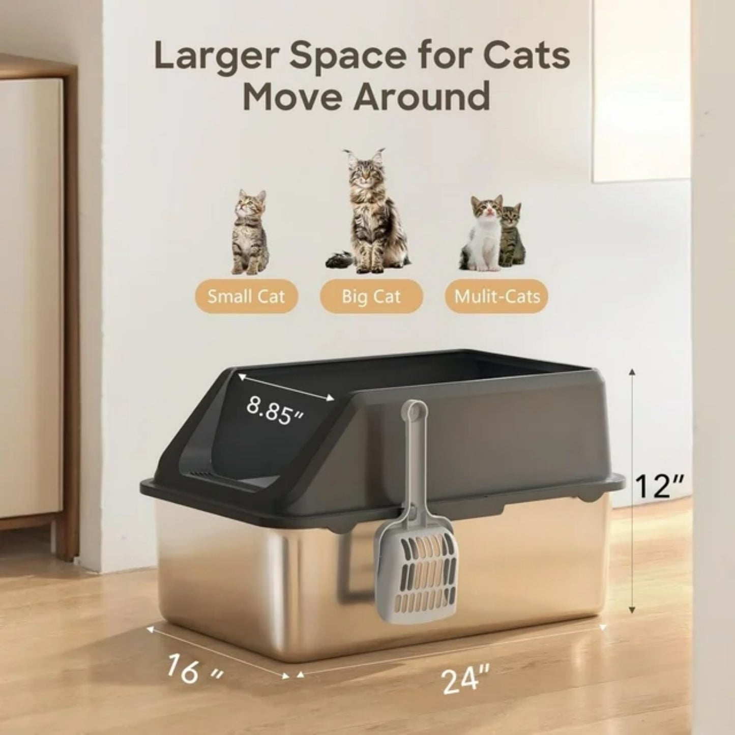 LunaLulinlk Stainless steel cat litter box with scoop, XL cat litter box