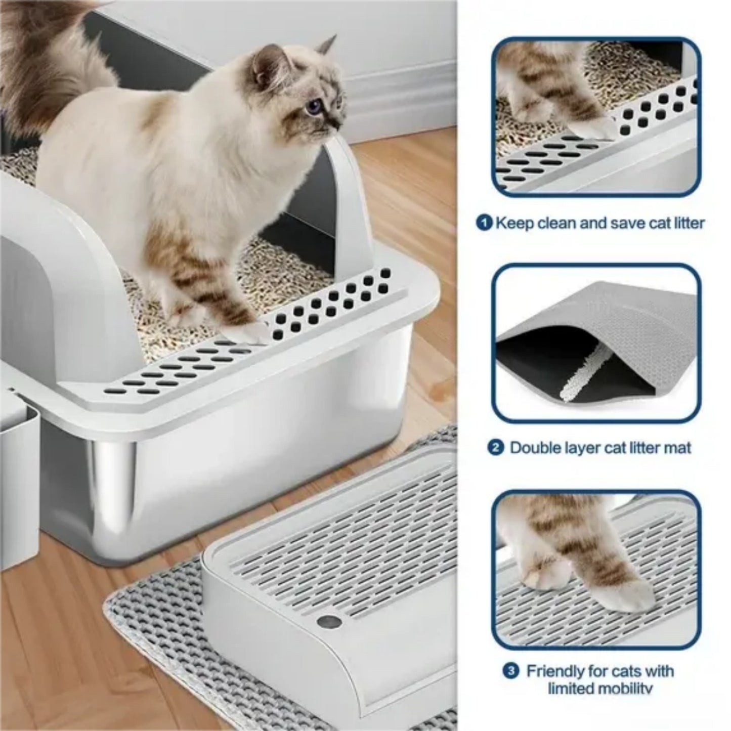 LunaLulinlk Stainless steel cat litter box with lid, suitable for large cats, with litter mat and litter scoop