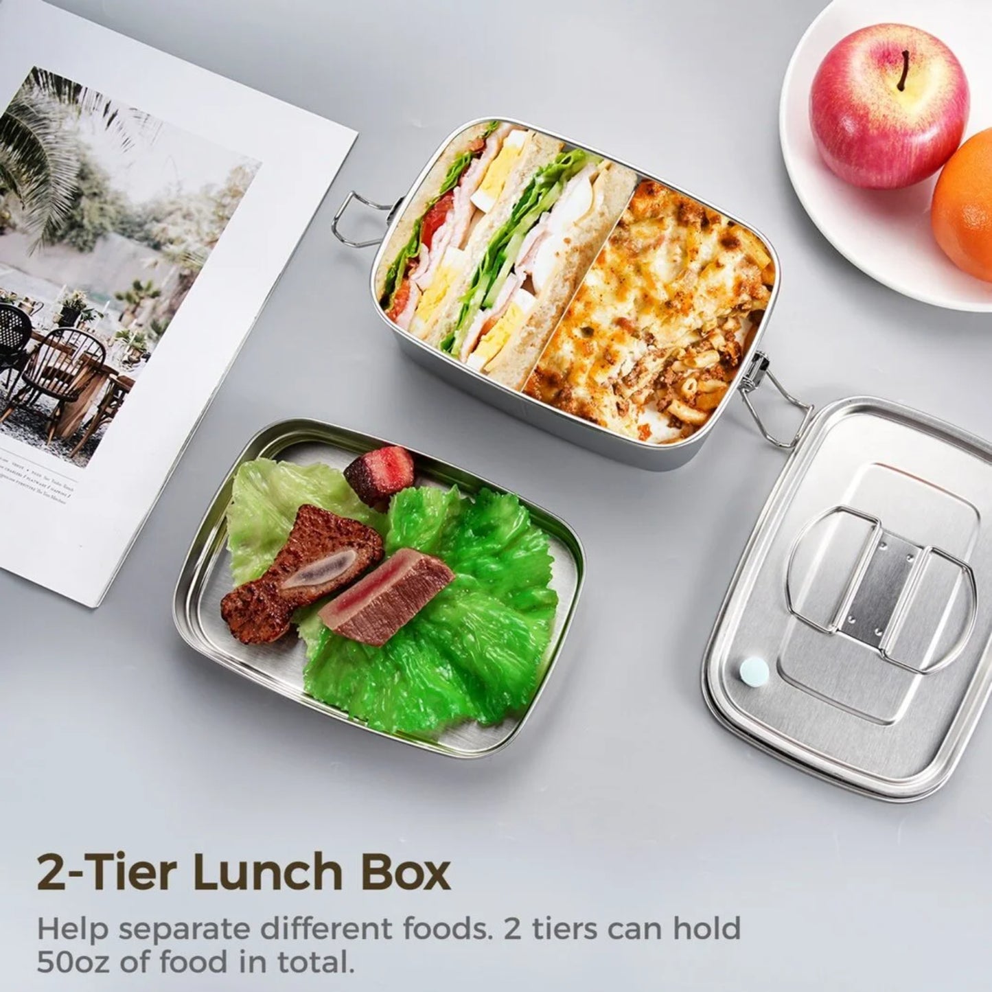 LunaLulinlk Stainless steel portable lunch box, 2-layer large capacity lunch box 1.2L+0.3L, BPA-free