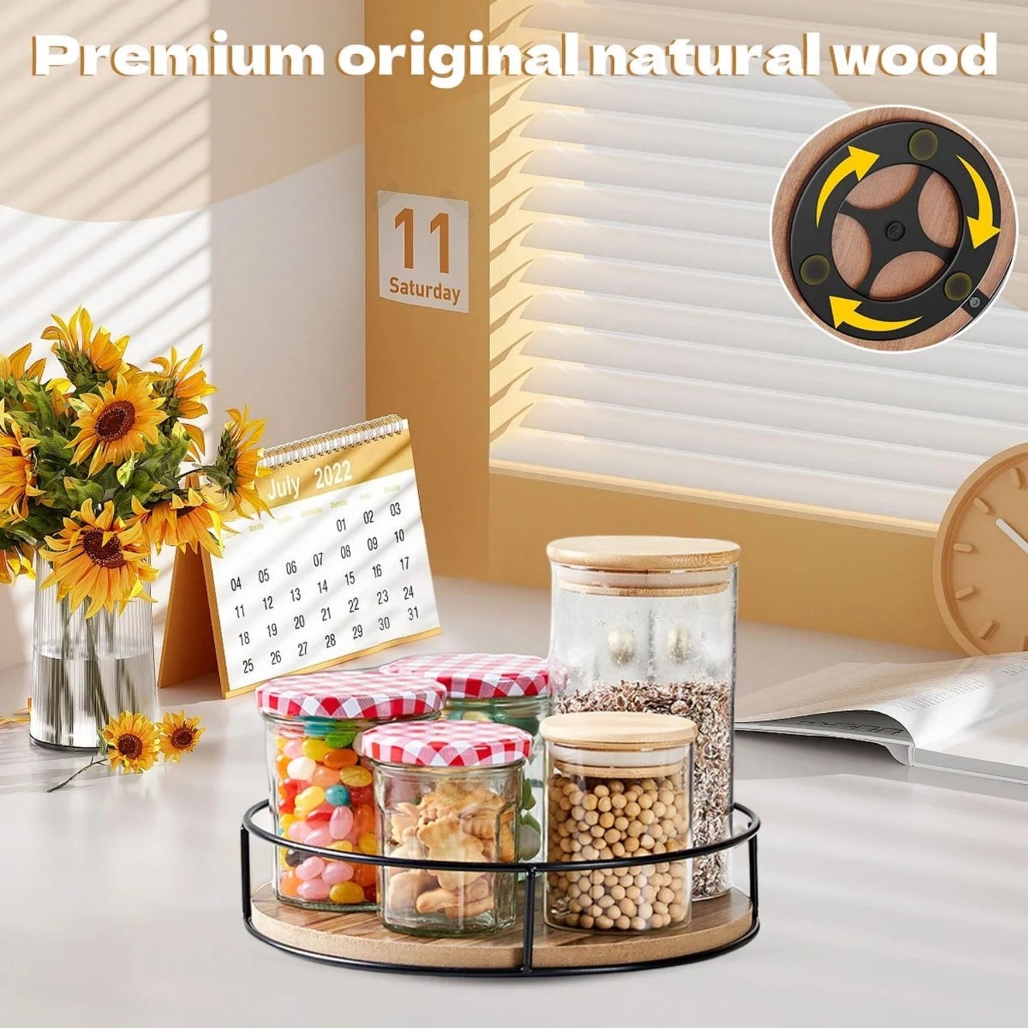 LunaLulinlk Wooden Lazy Susan Turntable 9" - Spice Organizer, Lazy Susan Organizer, Carbonized Black Pine Wood