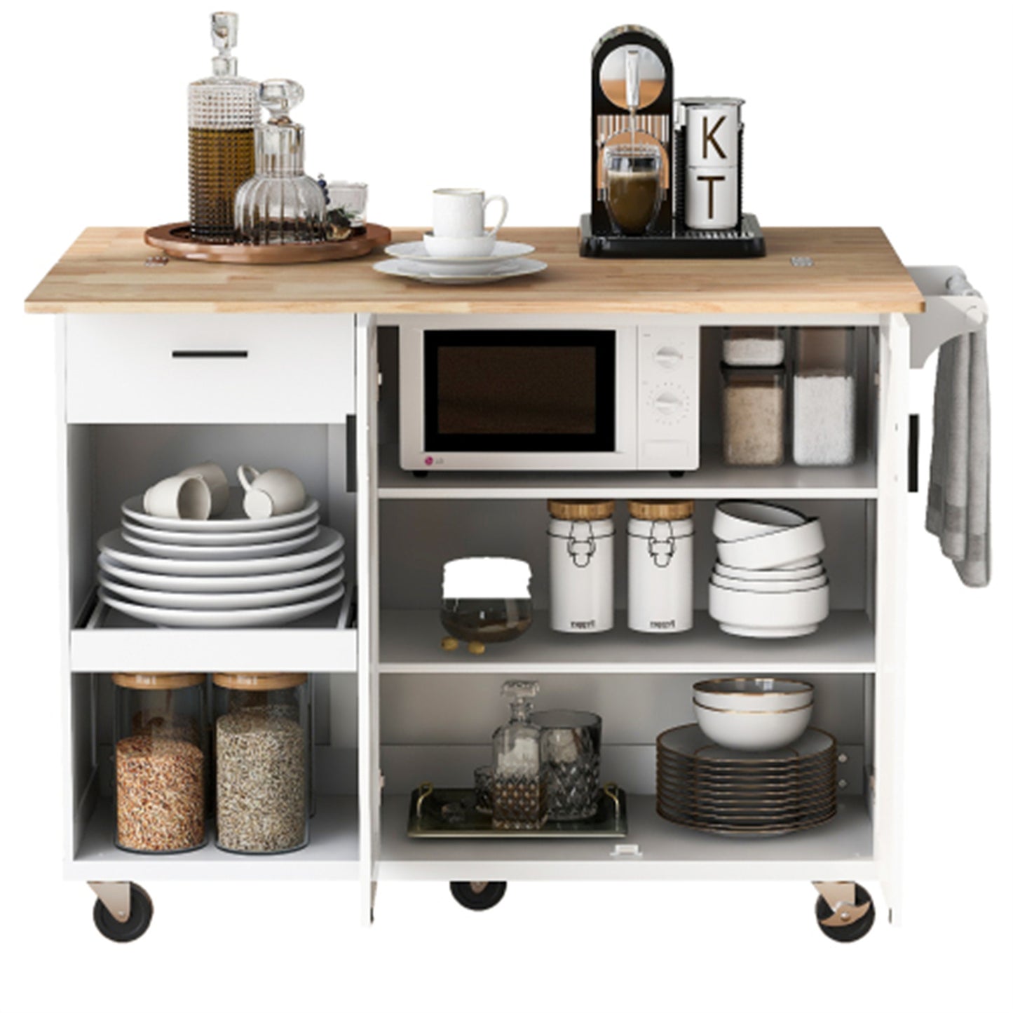 "LunaLulinlk Kitchen Island with Foldable Counter Top, Kitchen Storage Cart with Slide-Out Shelf, Towel Rack and Drawer "