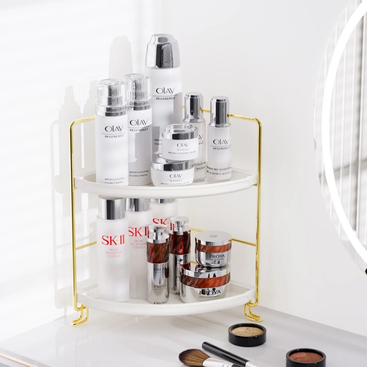 LunaLulinlk Stainless Steel 2-Tier Corner Makeup Organizer with 4 Compartments, Gold