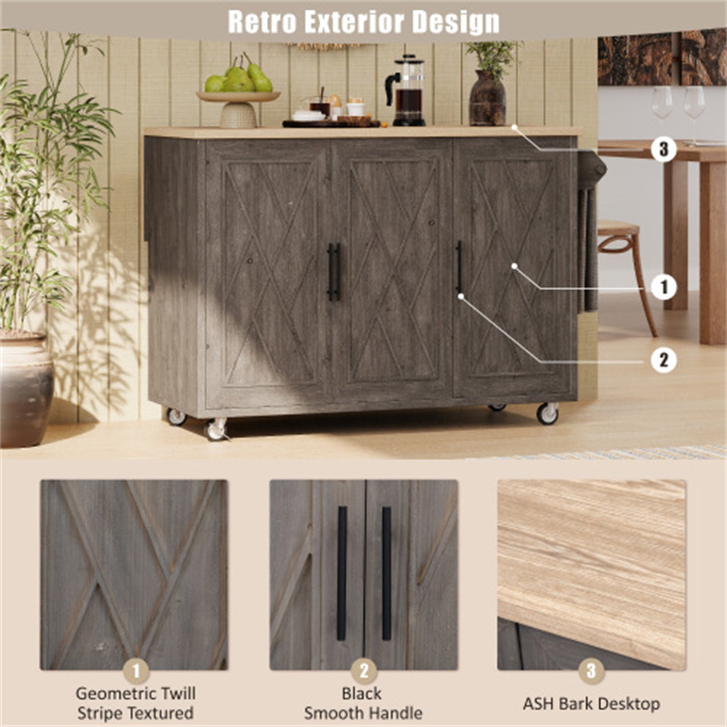 "LunaLulinlk 51.2""W Geometric Twill Stripe Textured Design Kitchen Island with Drop Leaf, Farmhouse Kitchen Island, Brown "
