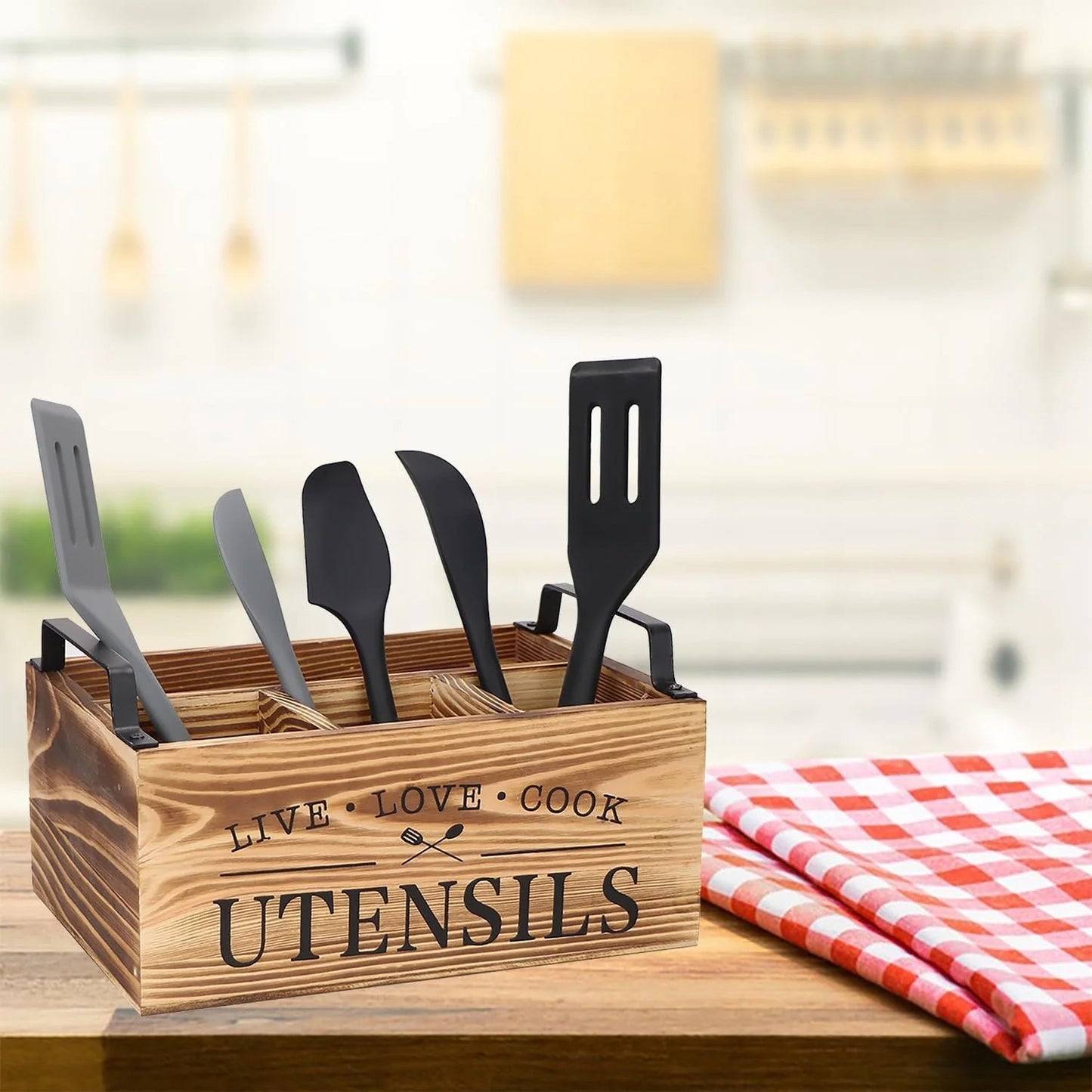 LunaLulinlk Wood Utensil Holder, Silverware Organizer with 4 Compartments for Kitchen Counter, Farmhouse Wood Flatware Utensil Organizer Storage