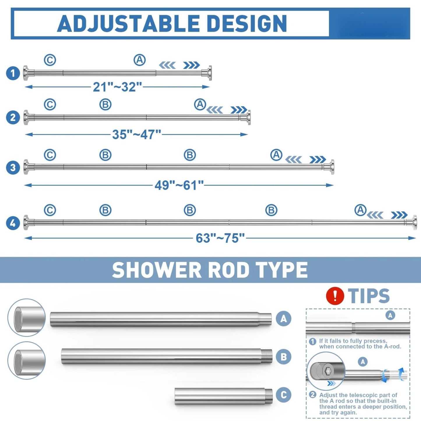 LunaLulinlk Shower Curtain Rod, Adjustable 32-75 Inch Spring Tension Shower Rods for Bathroom or Window
